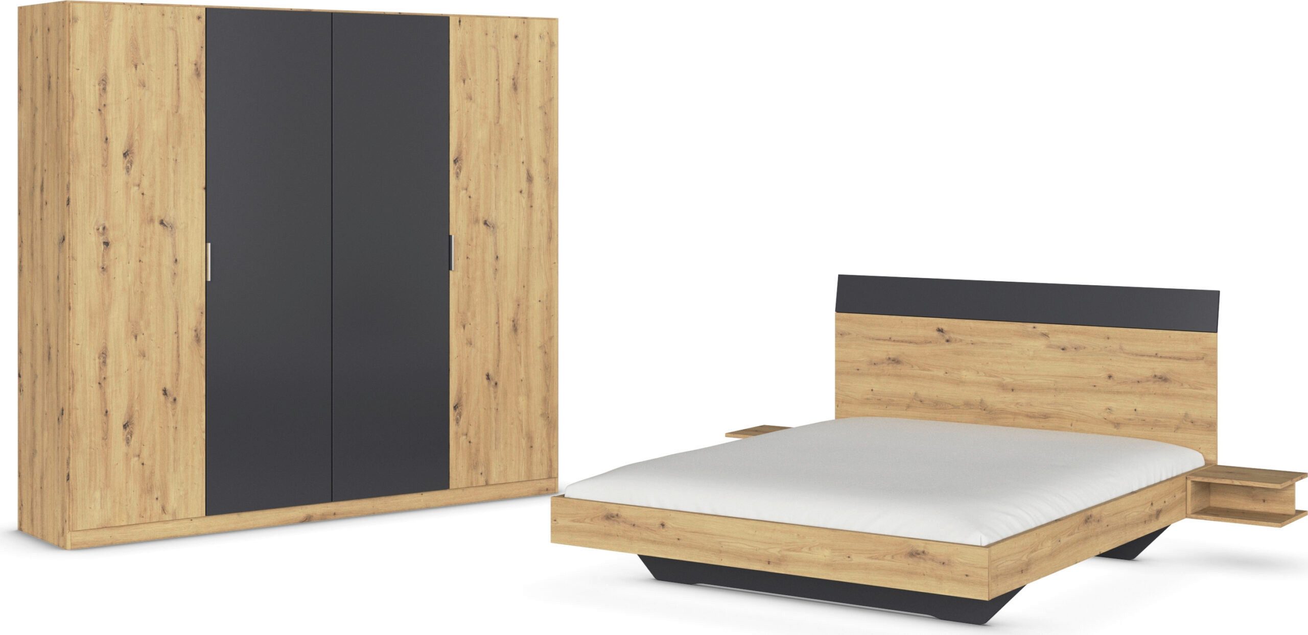 möbel-direkt.de Komplettschlafzimmer Monza in Eiche Eiche Artisan und Grau Metallic mit Drehtürenschrank, (Komplett-Set, mit verschiedenen Bettgrößen wählbar), Made in Germany