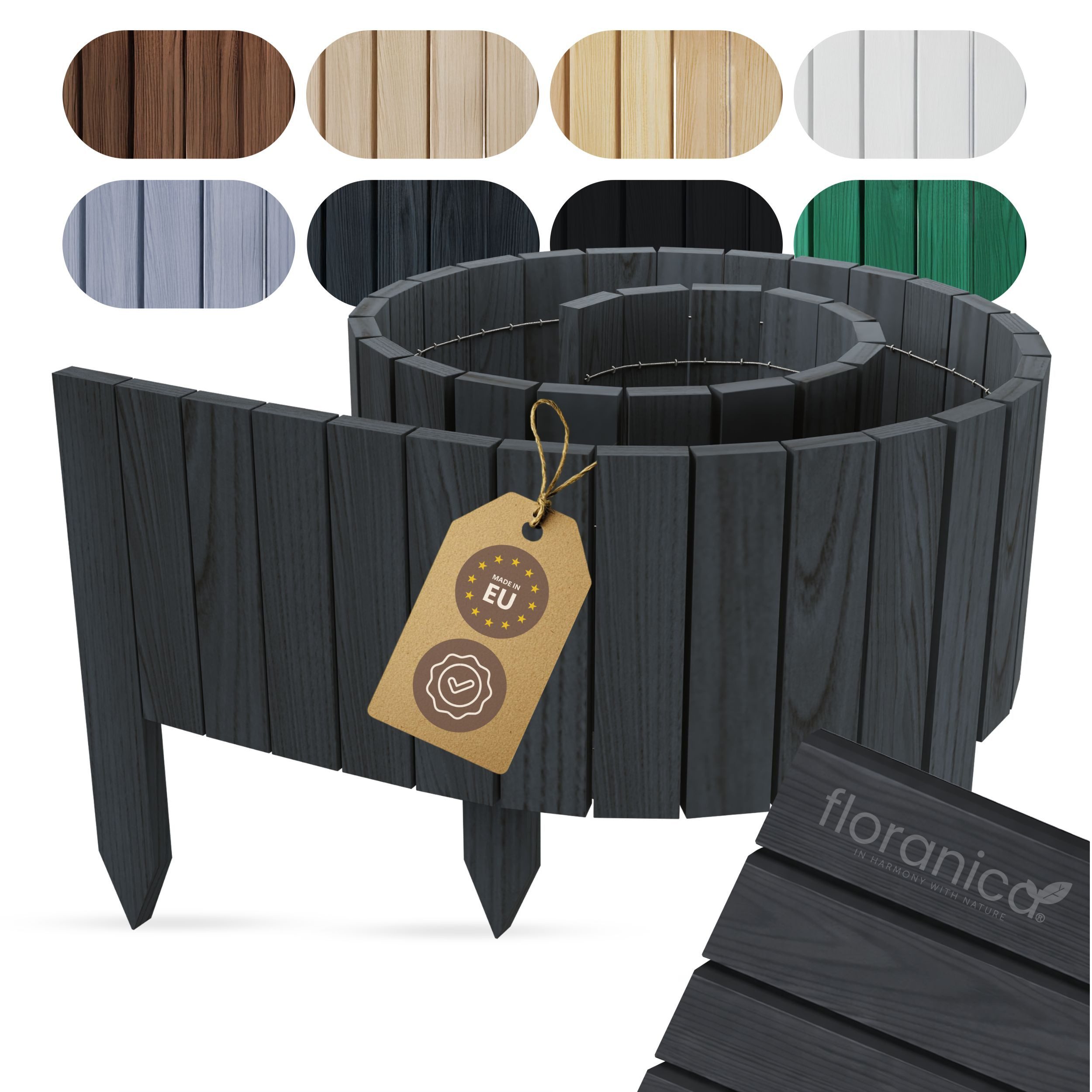 Floranica Palisade Beeteinfassung Flexibler Rollborder Rasenkante Beetumrandung Palisade, LxH: 200x10 cm, Anthrazit, für Blumen und Kräutergarten, Vorgarten, Wege, Rasenbegrenzung
