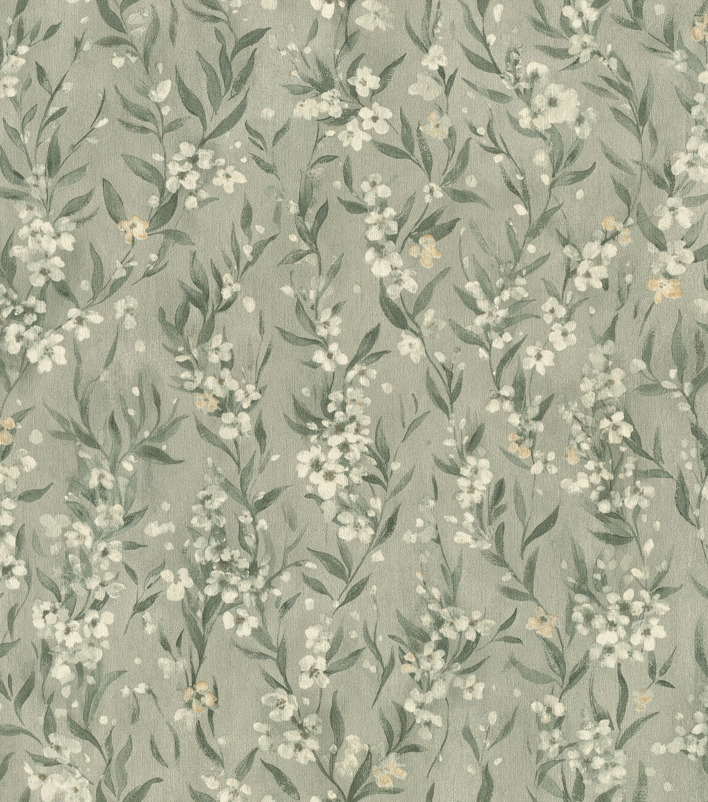 Rasch Vliestapete mit Kirschblüten in Grün - Vliestapete floral - Noble Zen, strukturiert, floral, natürlich, botanisch, geblümt, (1 Rolle, 1 St), Kirschblume