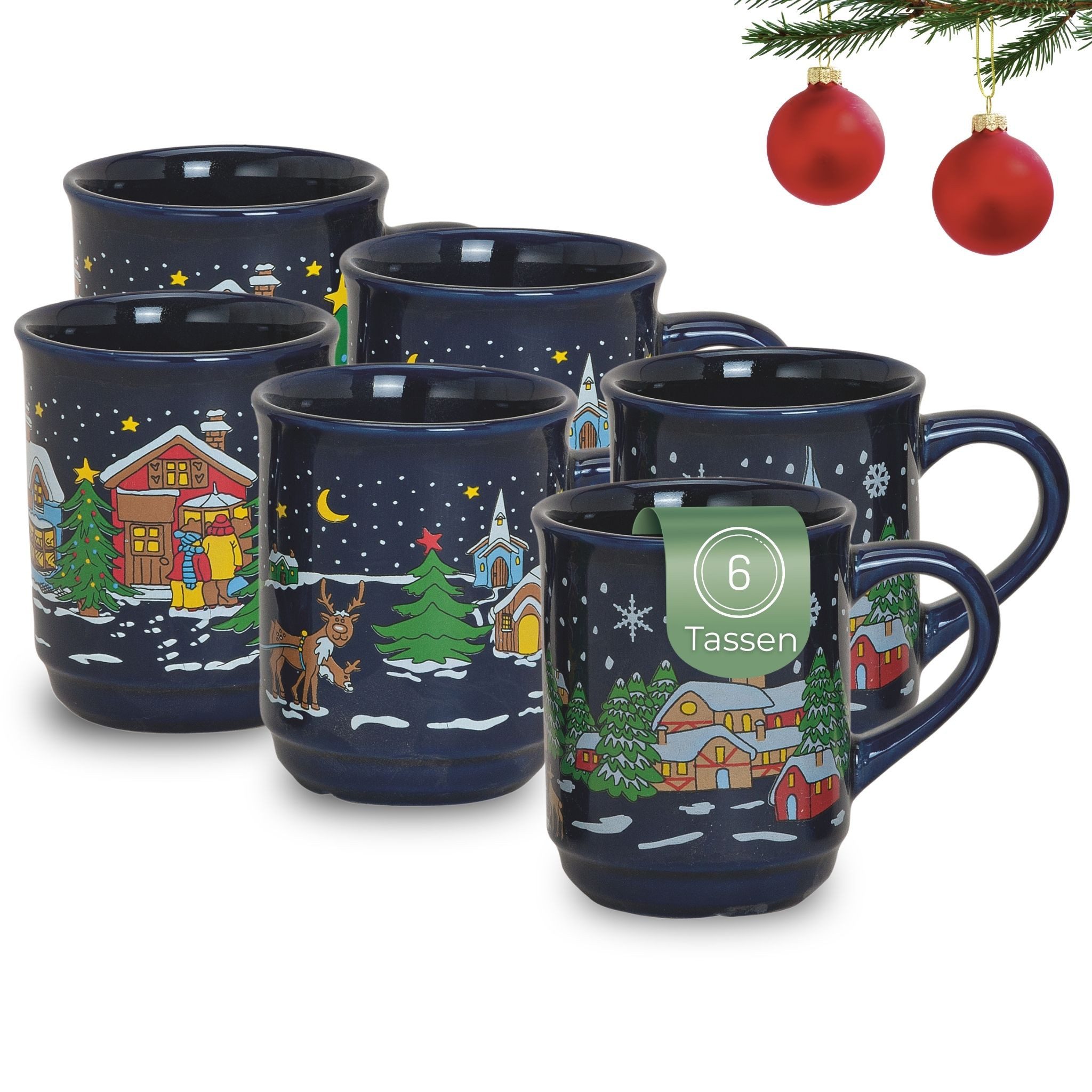 matches21 HOME & HOBBY Tasse Glühweintassen 6er Set blaue Ambiente Weihnachtstassen, Keramik, Schöne 200 ml Keramik Kaffee-Tassen bunte Weihnachtsmotive