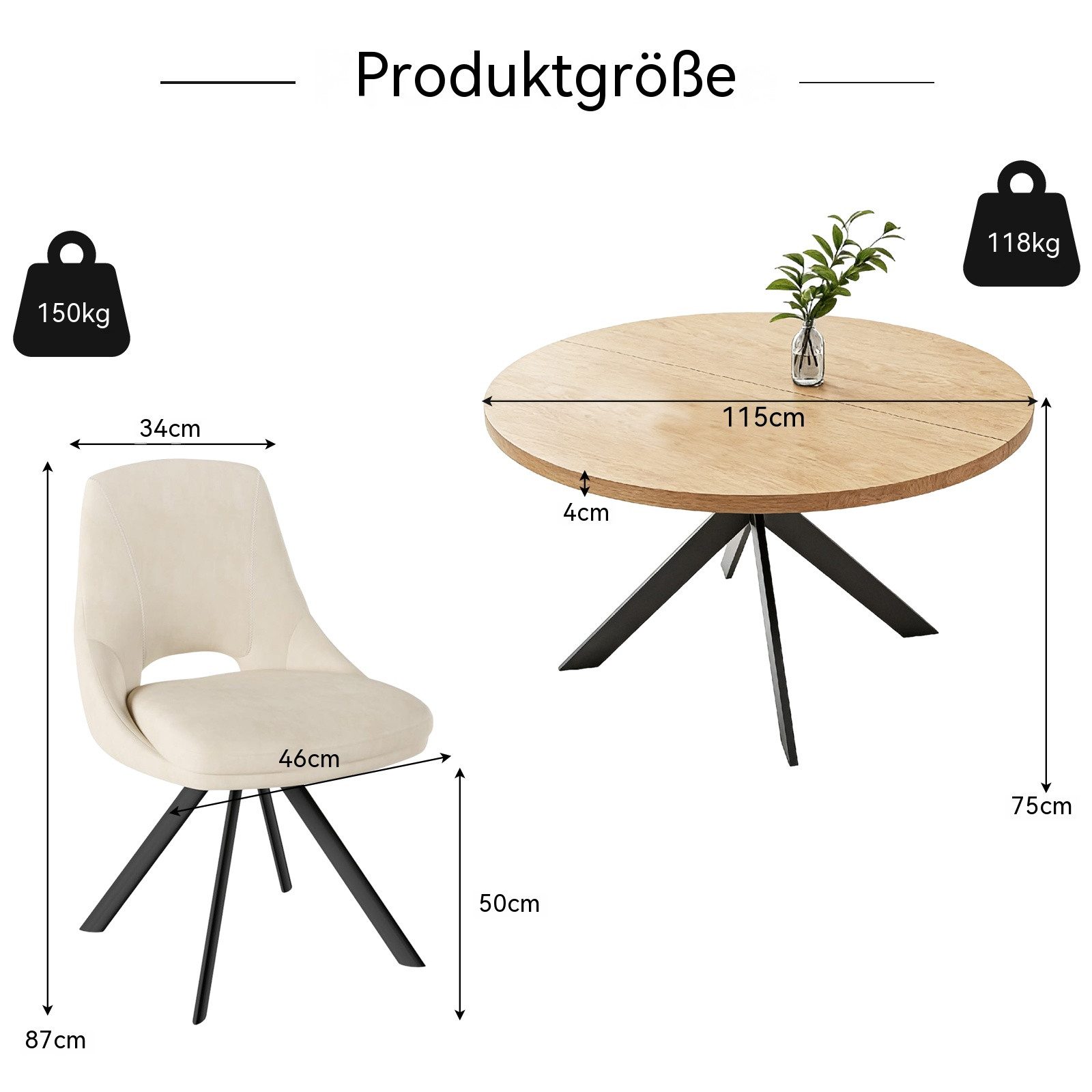 Jiexi Essgruppe Tisch- und Stuhlset, Runder Esstisch (115×75 cm) mit 4 Stühlen