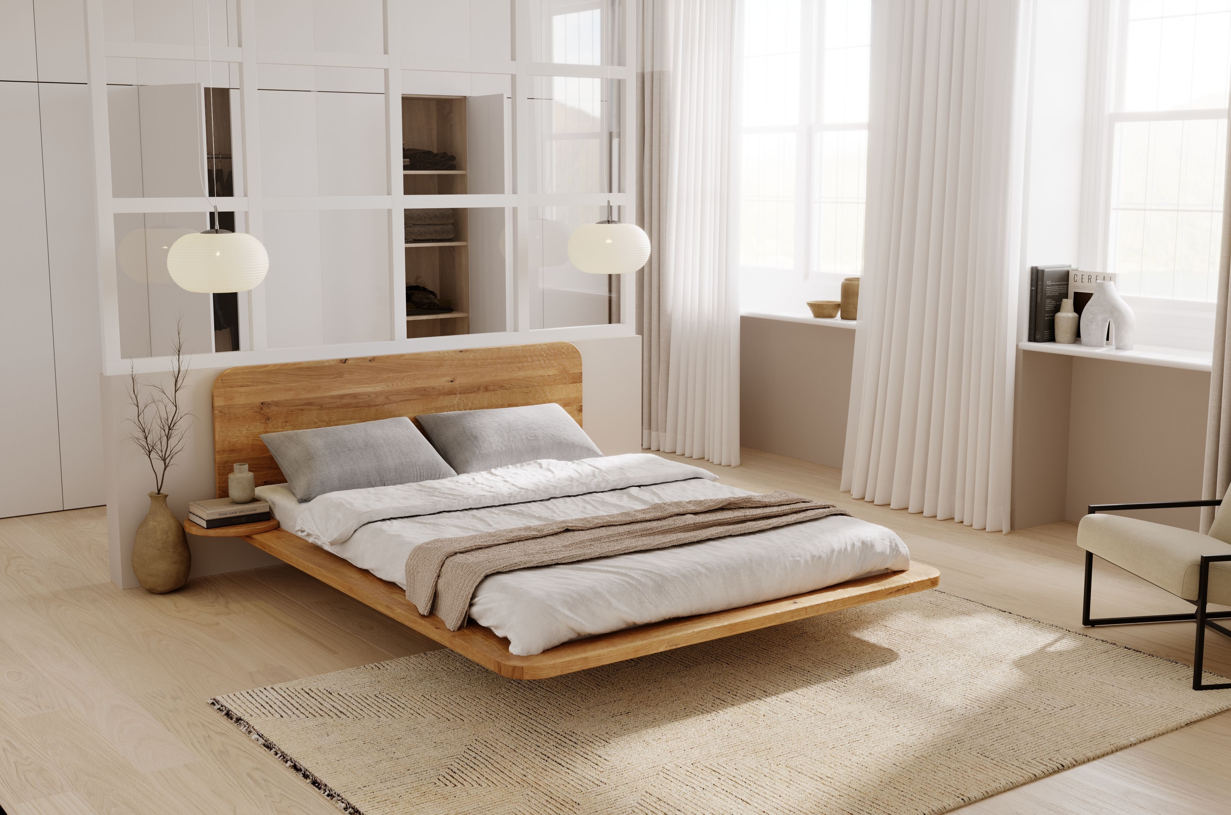 Skandica Holzbett Japandic (Eichenbett mit schwebender effekt), mit 2 integrierten Ablagen, 140/200, Eiche - lackiert, Naturfarbe