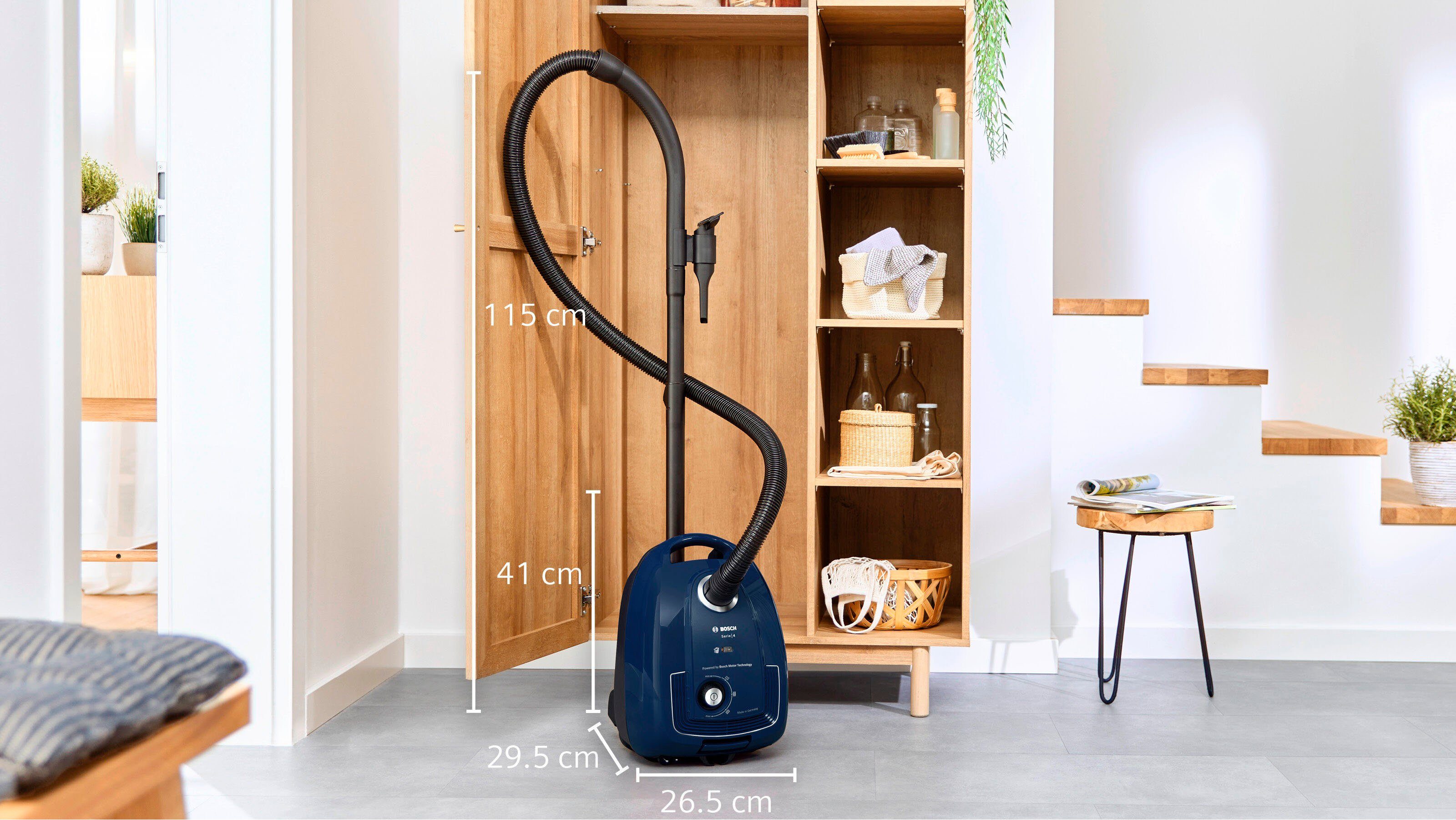 BOSCH Bodenstaubsauger BGD38BU2 Freistehfunktion, Blau, Hygienefilter, 600 W, mit Beutel, aus 30 % recyceltem Kunststoff