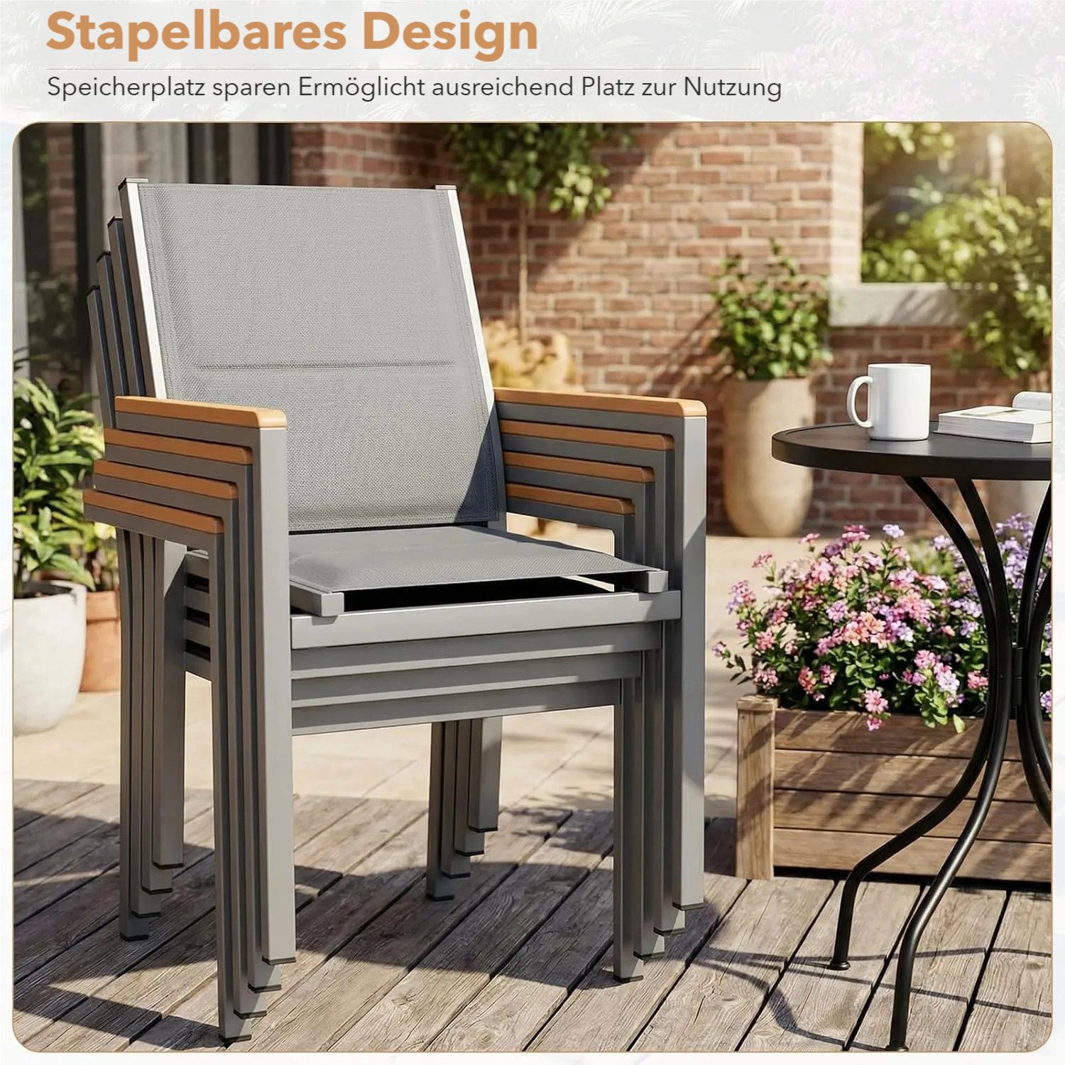 TLGREEN Stapelstuhl 2/4er Set Esszimmerstuhl mit Gesteppte Rückenlehne & Sitzfläche, (4 St), WPC Handlauf, für Terrasse, Balkon, Terrasse, Pool, Restaurants – Bild 4 von 5