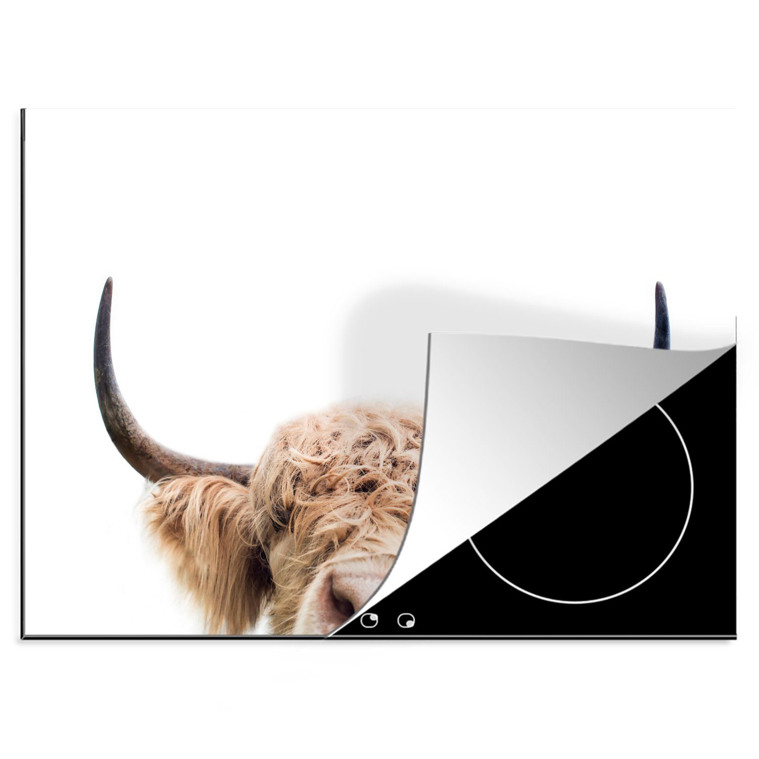 MuchoWow Herdblende-/Abdeckplatte Kuh - Hörner nutzbar, Mobile 70x52 (1 tlg), cm, Arbeitsfläche Vinyl, - Ceranfeldabdeckung Tiere - Natur
