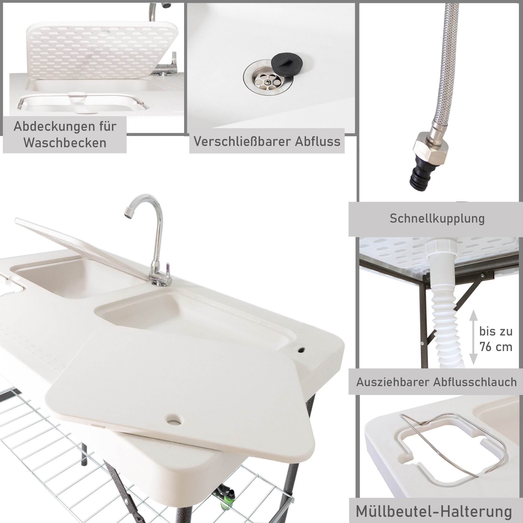 Lemodo Kunststoffspüle Filetiertisch klappbar mit zwei Becken und Abdeckungen, 101/65.5 cm, zwei Becken mit Abdeckungen, klappbar