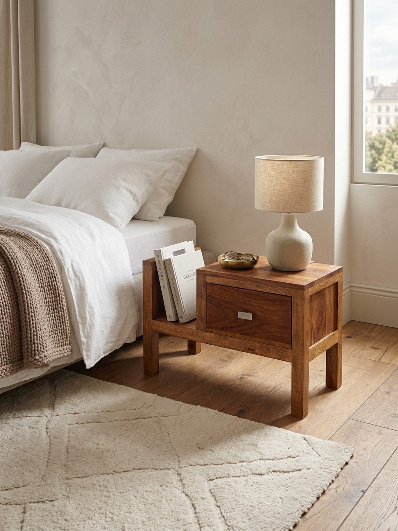 KADIMA DESIGN Nachttisch Nachttisch MUMBAI Massiv-Holz Nacht-Kommode 40 cm hoch Schlafzimmer, Schublade mit Zeitungsablage Nachtschrank Echt-Holz