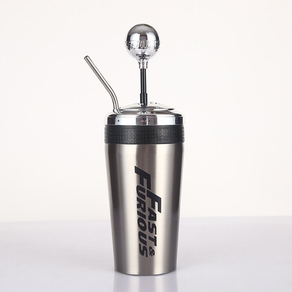 XDeer Trinkflasche Fast and Furious 10 Wasserbecher mit Strohhalm und Deckel, 500 ml,aus 304 Edelstahl, Wippe Gangschaltung Stil Silber