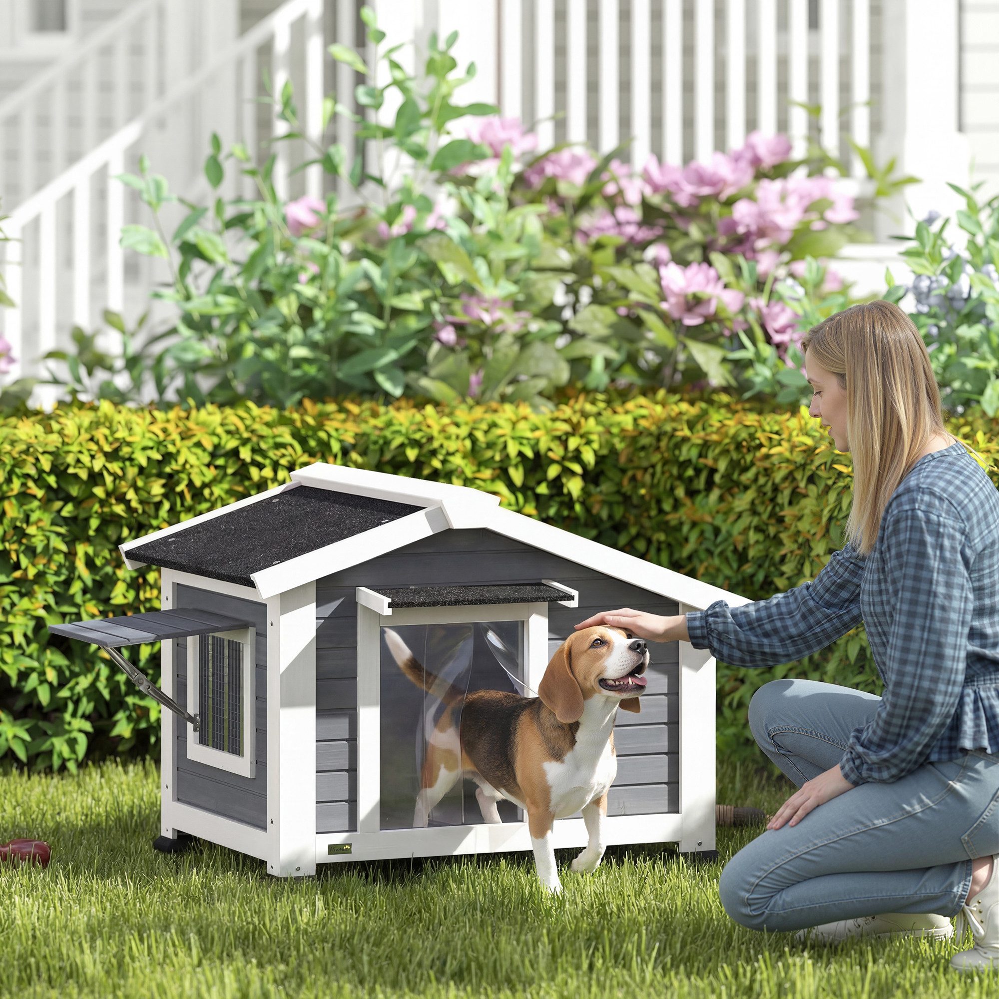 PawHut Hundehütte wetterfestes Hundehaus aus Holz mit herausnehmbarem Boden Asphaltdach, für mittelgroße Hunde bis 20 kg Indoor Outdoor 98 x 76 x 69,5 cm Grau