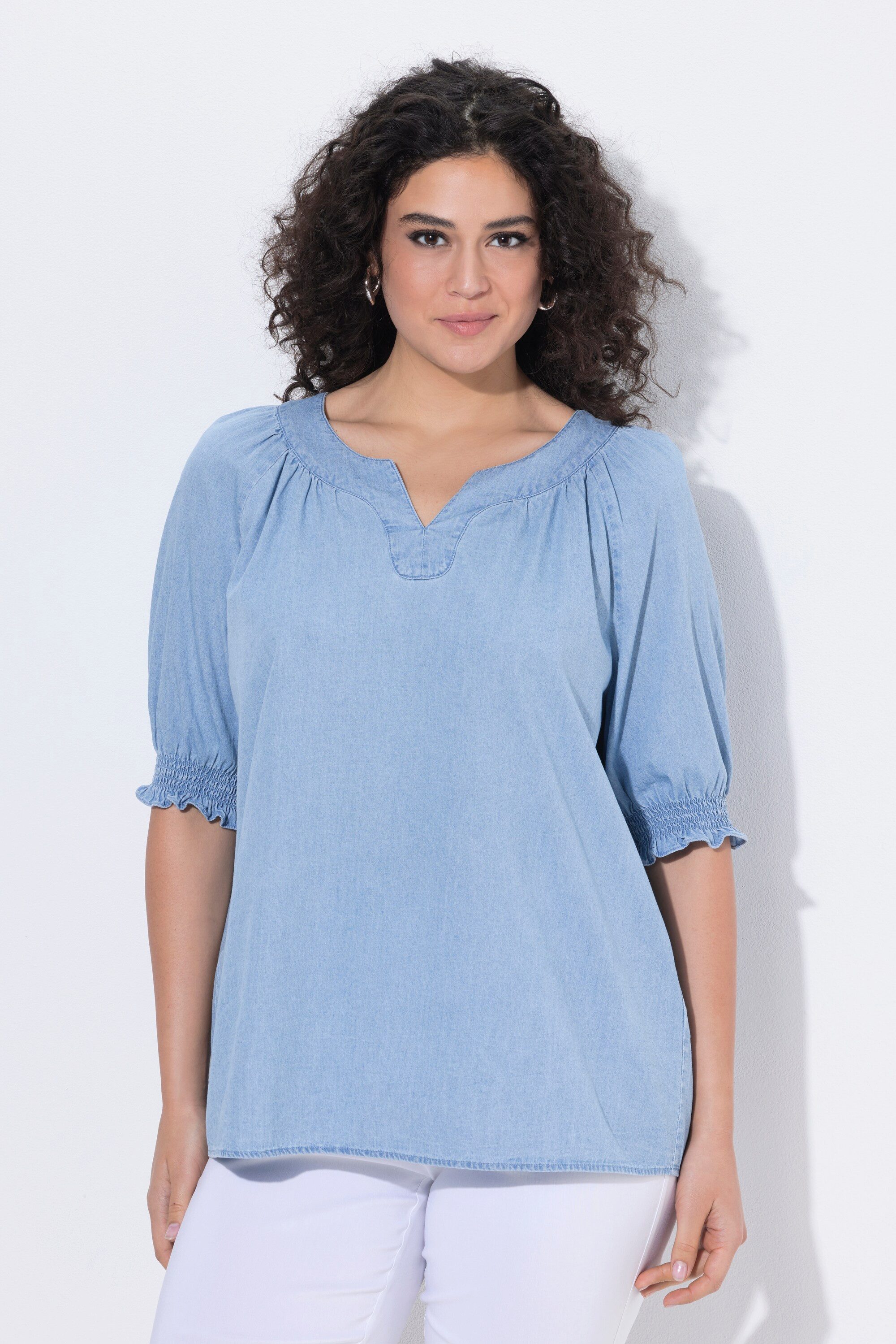 Ulla Popken Longbluse Bluse Jeansoptik Tunika-Ausschnitt Halbarm