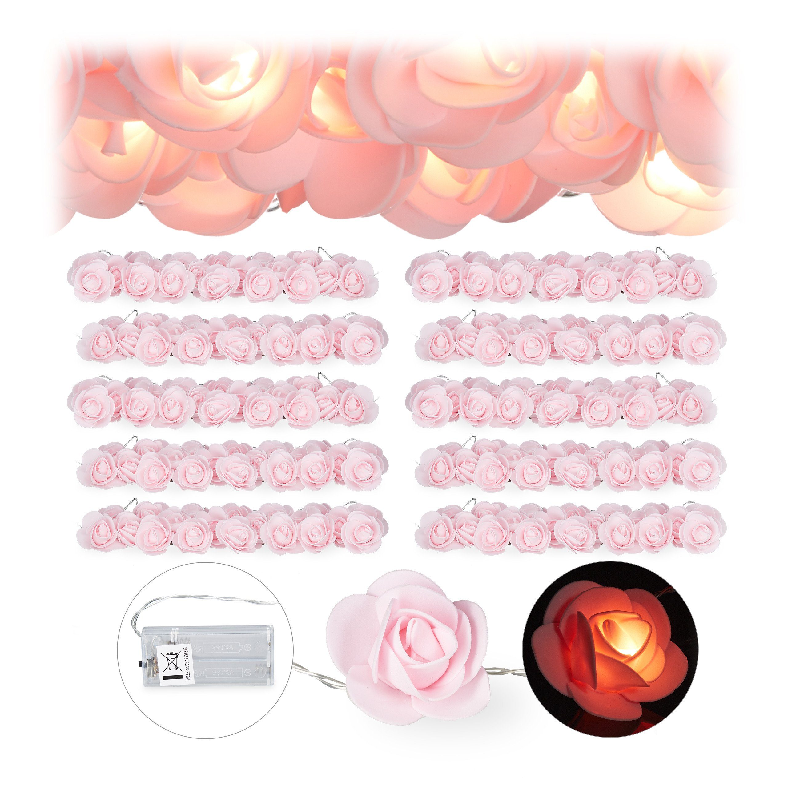 Relaxdays Rosen Lichterkette 10er Set – 20 LED, Warmweiß, Batteriebetrieben