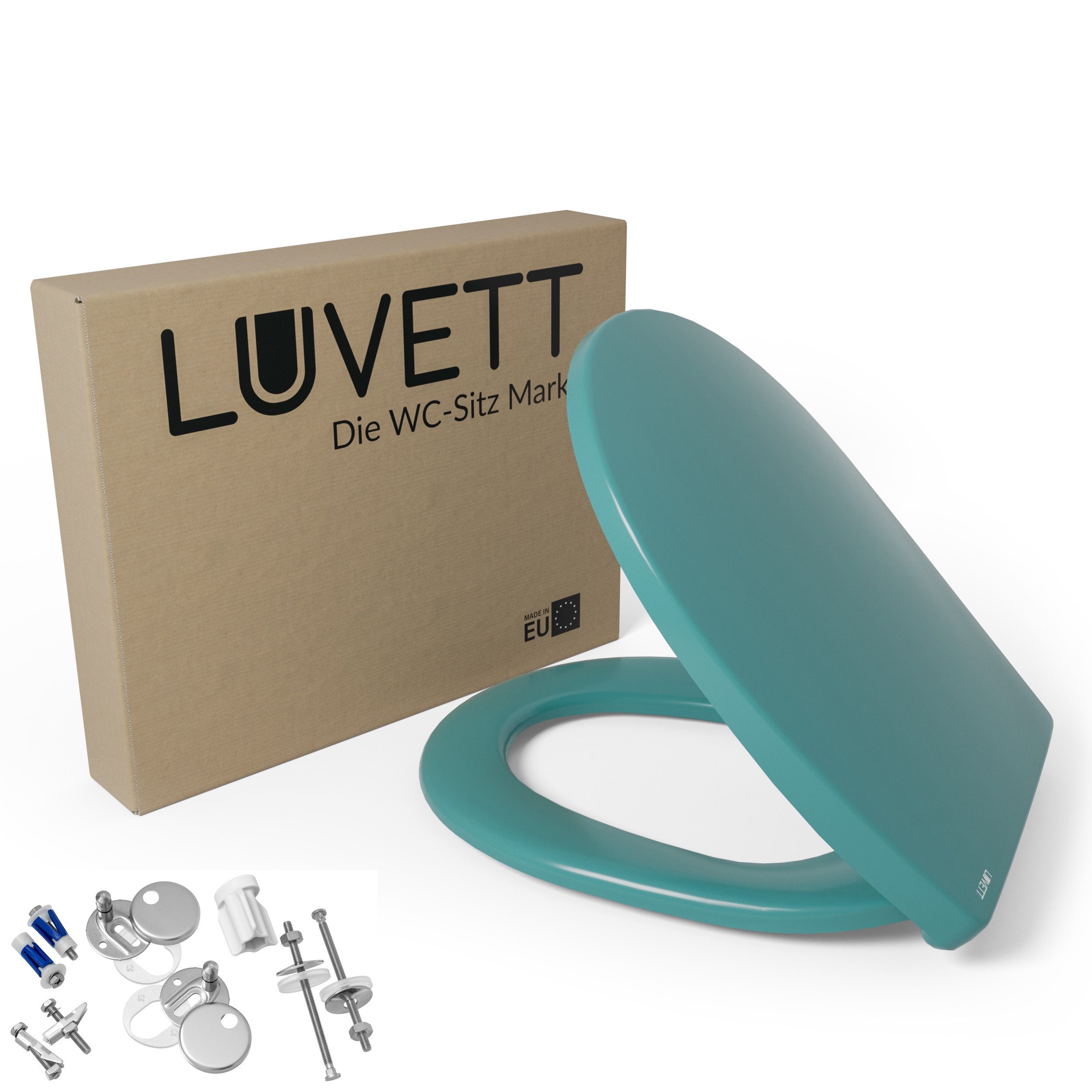 LUVETT WC-Sitz C100 mit Absenkautomatik, Duroplast sanitär, Universelle O-Form (Komplett-Set, Inklusive 3 Befestigungsarten), mit Original SoftClose® Absenkautomatik, Duroplast