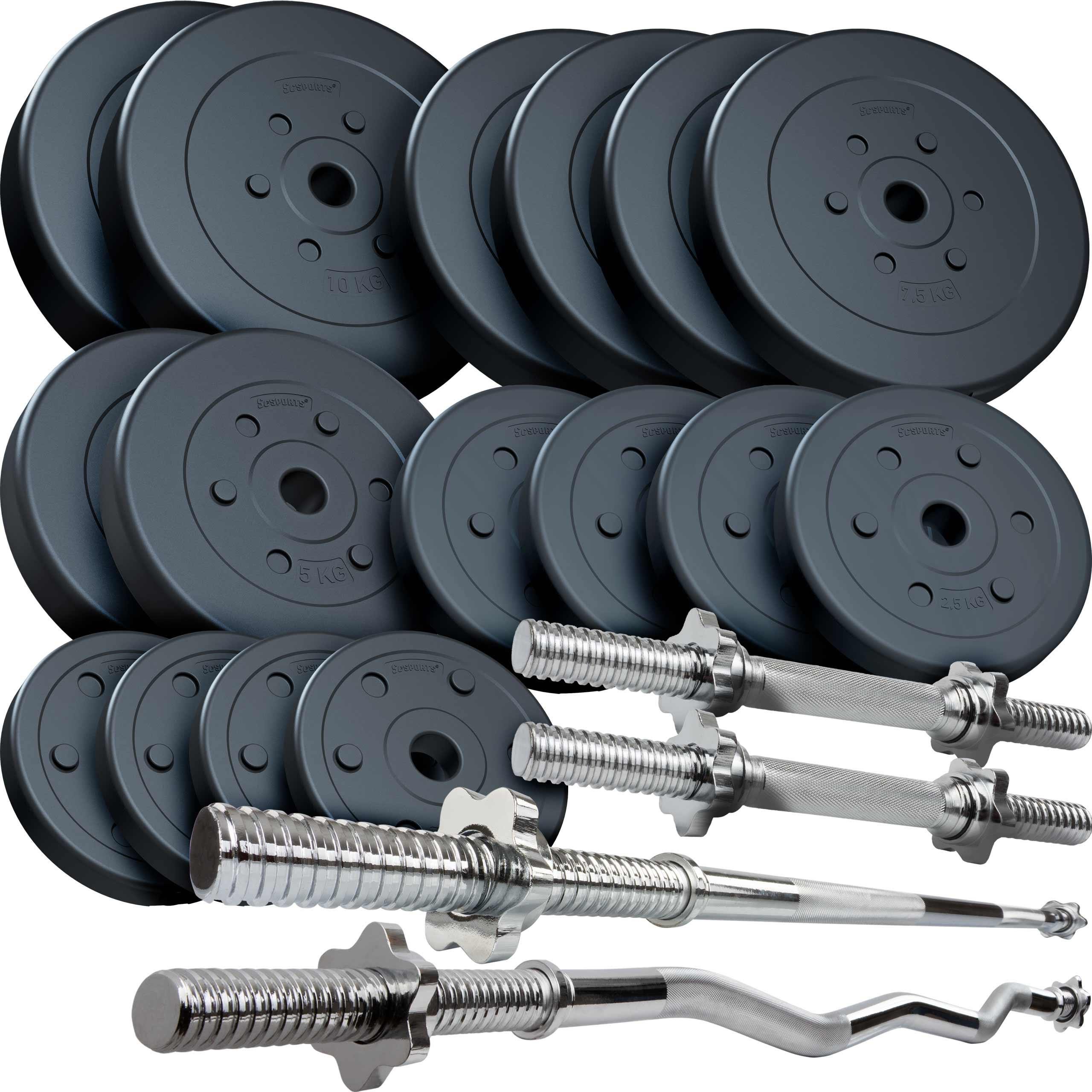 ScSPORTS® Hantel-Set 60/75kg Kurzhanteln Langhantel SZ Stange Gewichte 31mm, Hantelscheiben, Kunststoff