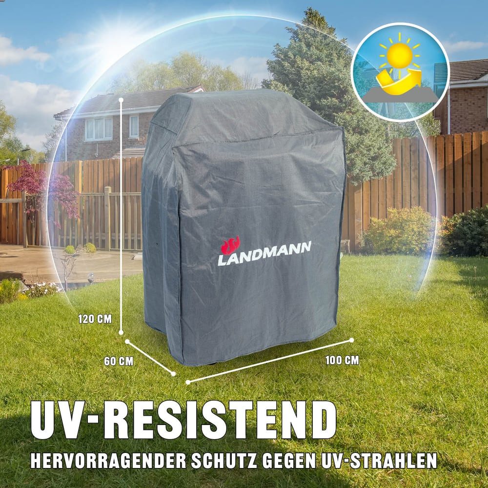 LANDMANN Grillabdeckhaube Wetterschutzhülle Premium 60 x 120 x 100 cm grau, Wasserdicht UV-beständig atmungsaktiv & kältebeständig