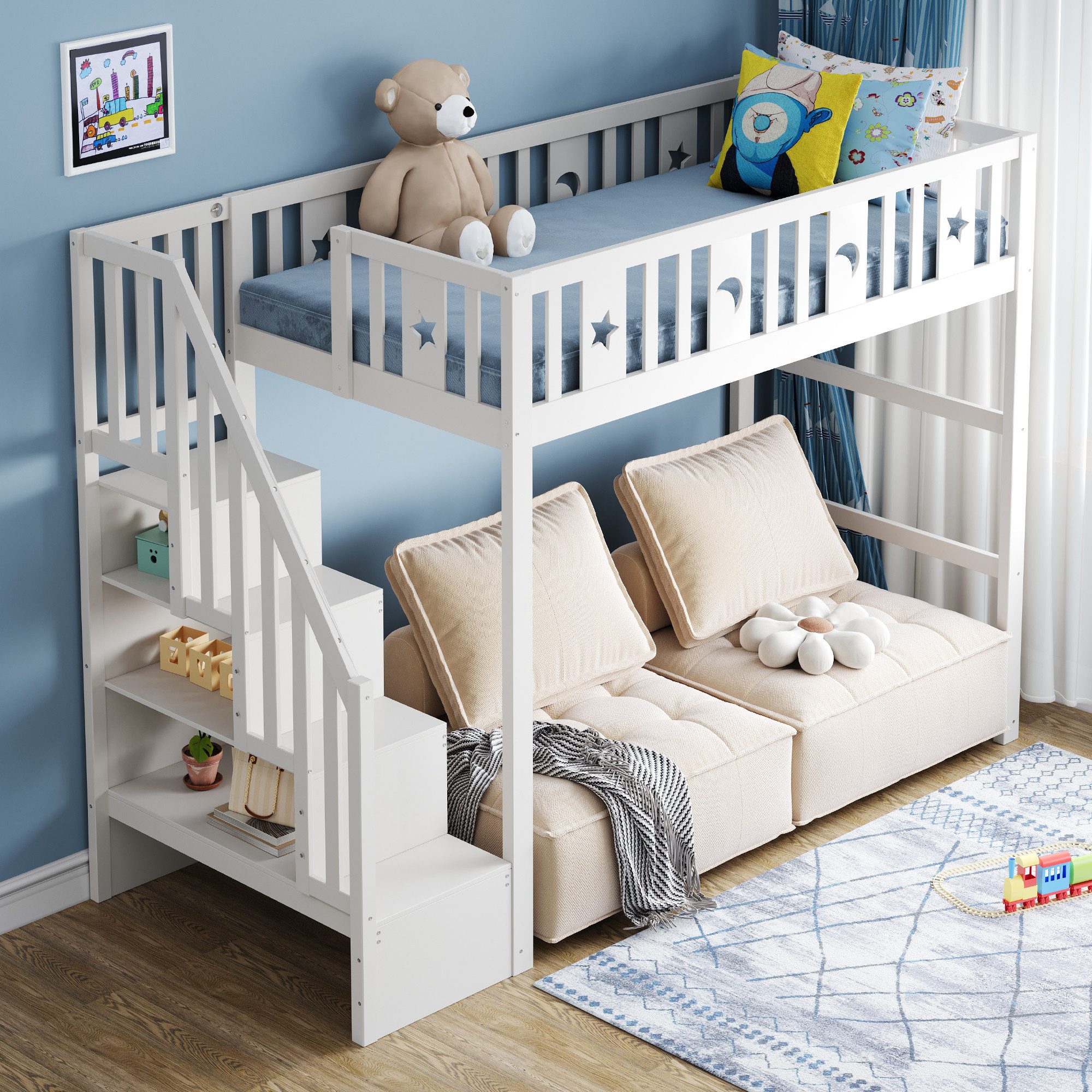 MODFU Hochbett mit Treppe, Jugendbett (Funktionsbett mit Sicherheitsgeländer & Dekoration, Stern & Monddesign, Kinderbett 90x200 cm) ohne Matratze