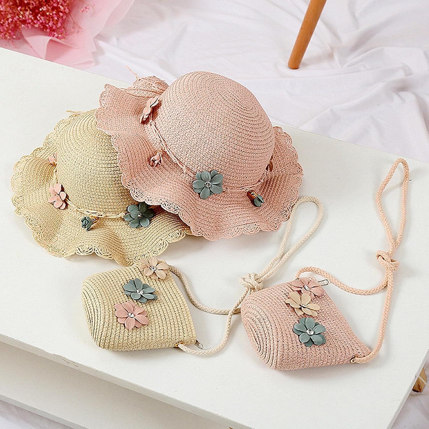 Coonoor Sonnenhut Strohhut-Set für Kinder: Süßer Sommerhut und Strohtasche für Mädchen Reisehut mit Blumen-Dekoration für Strand, Urlaub