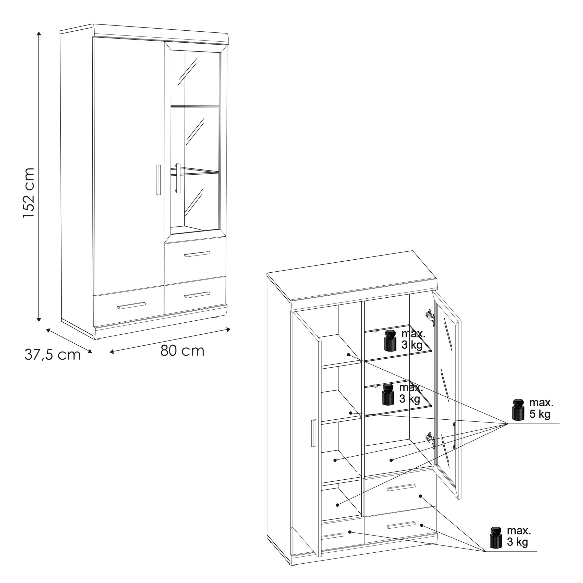 Lomadox Highboard IMPERIA-129, Highboard 80 cm Nussbaum Schrank Wohnzimmer Esszimmer braun retro