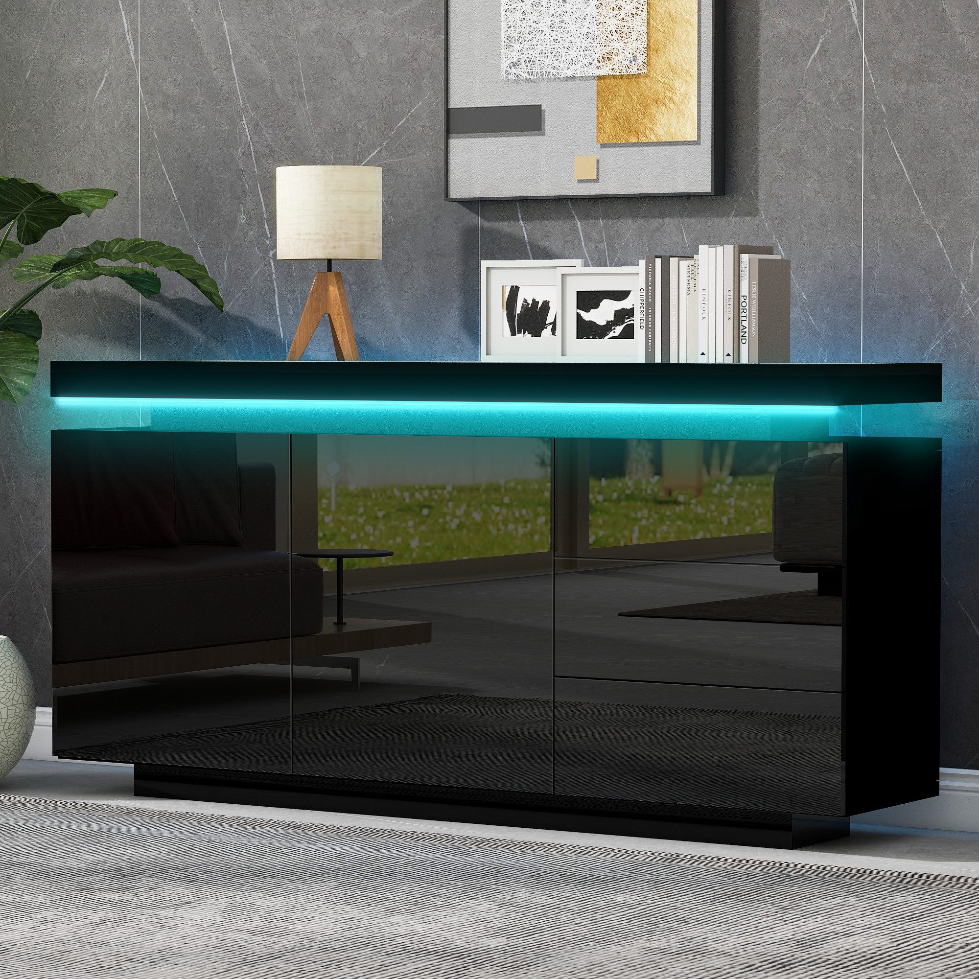 Merax Sideboard hochglanz mit LED inkl. Fernbedienung, Schubkastenkommode, Lowboard,Beistellschrank,Breite 140cm – Bild 4 von 5