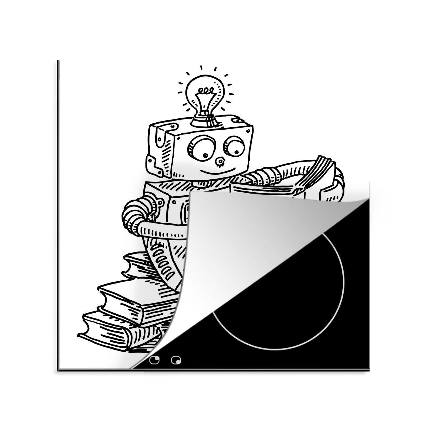 MuchoWow Herdblende-/Abdeckplatte Eine handgezeichnete Illustration eines Roboters, der ein Buch liest, Vinyl, (1 tlg), 78x78 cm, Ceranfeldabdeckung, Arbeitsplatte für küche