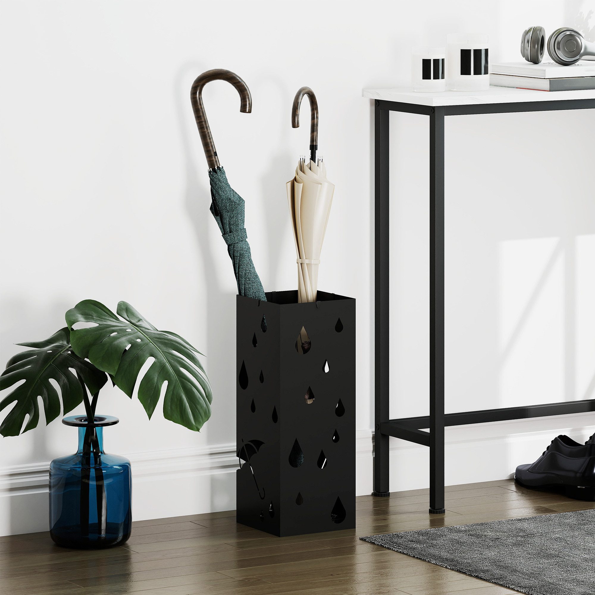 HOMCOM Schirmständer Regenschirmständer mit 4 Haken, Wasserauffangschale, für Flur (Regenschirmhalter für Regenschirme, Gehstöcke, 1 St., Stahl), 15,5 x 15,5 x 40 cm, Schwarz