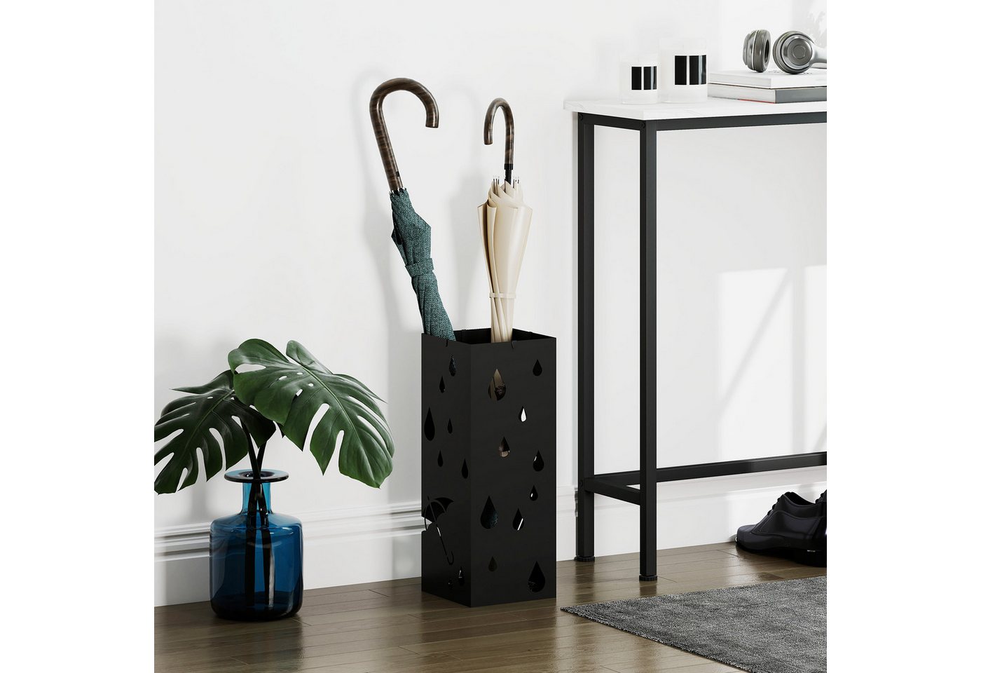 HOMCOM Schirmständer Regenschirmständer mit 4 Haken, Wasserauffangschale, für Flur (Regenschirmhalter für Regenschirme, Gehstöcke, 1 St., Stahl), 15,5 x 15,5 x 40 cm, Schwarz