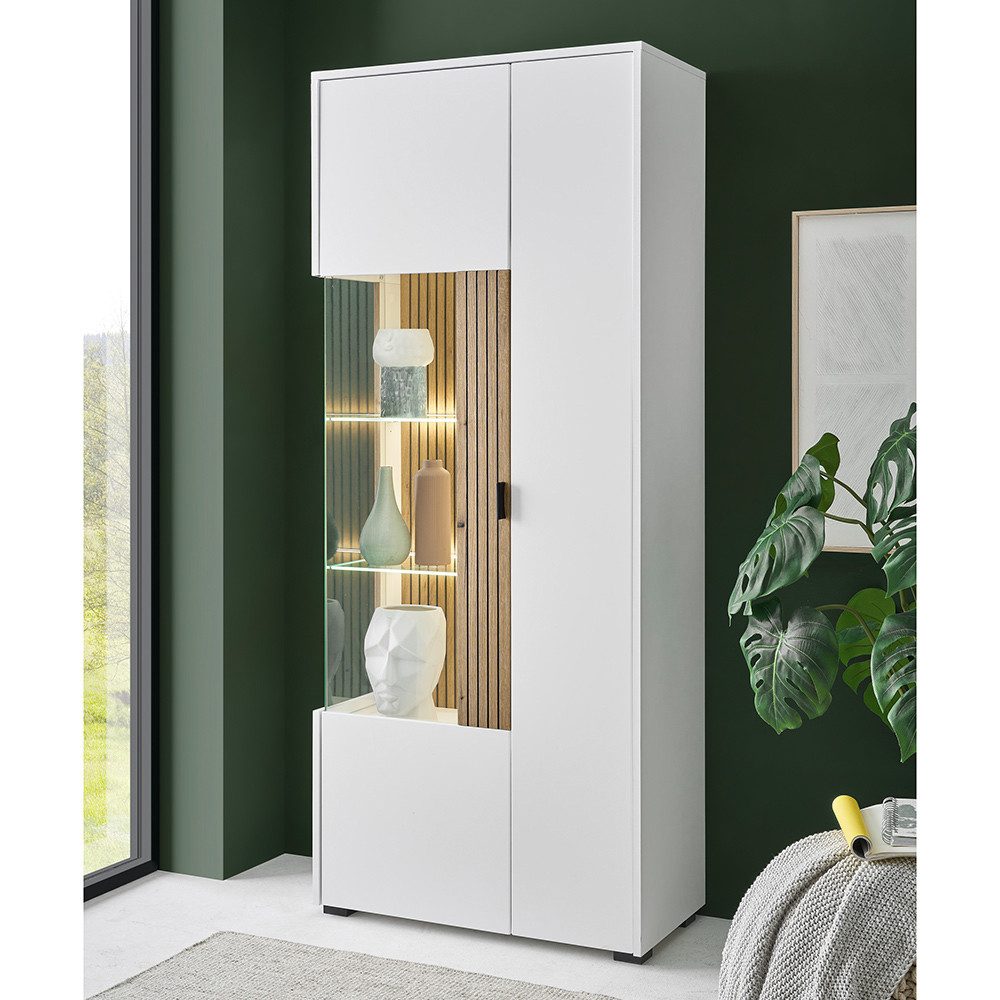 Lomadox Vitrine HUNTER-61 Vitrine Standvitrine weiß matt Eiche gerillt 75x1 günstig online kaufen