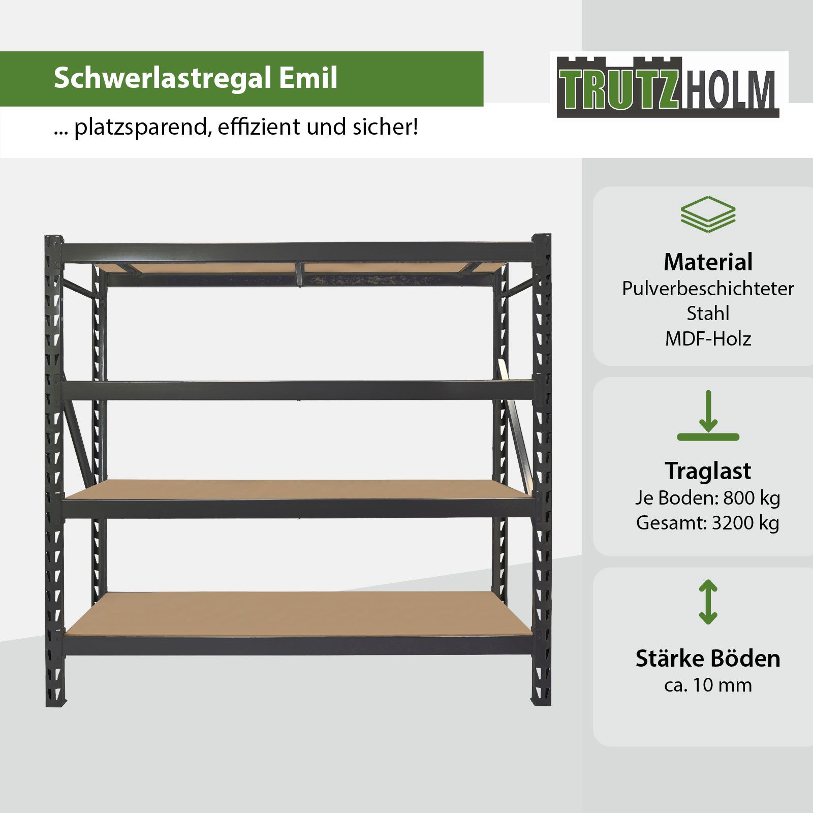 TRUTZHOLM Steckregal Schwerlastregal Emil 3200 kg aus Stahl Stecksystem 4 Fachböden, Komplett-Set, 180x190x60cm