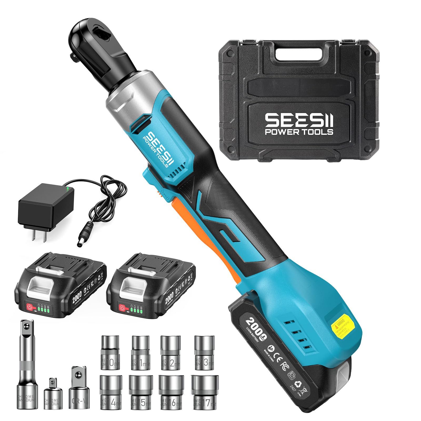 SEESII Akku-Ratschenschrauber 3/8" Akku Ratschenschlüssel, 80N.m 300RPM Ratschenschlüssel, 80 Nm, (mit 2 x 2000 mAh Akkus, 21V, 8 Steckschlüssel), variable Geschwindigkeit, 1/4"-/1/2"-Adapter, Verlängerungsstange