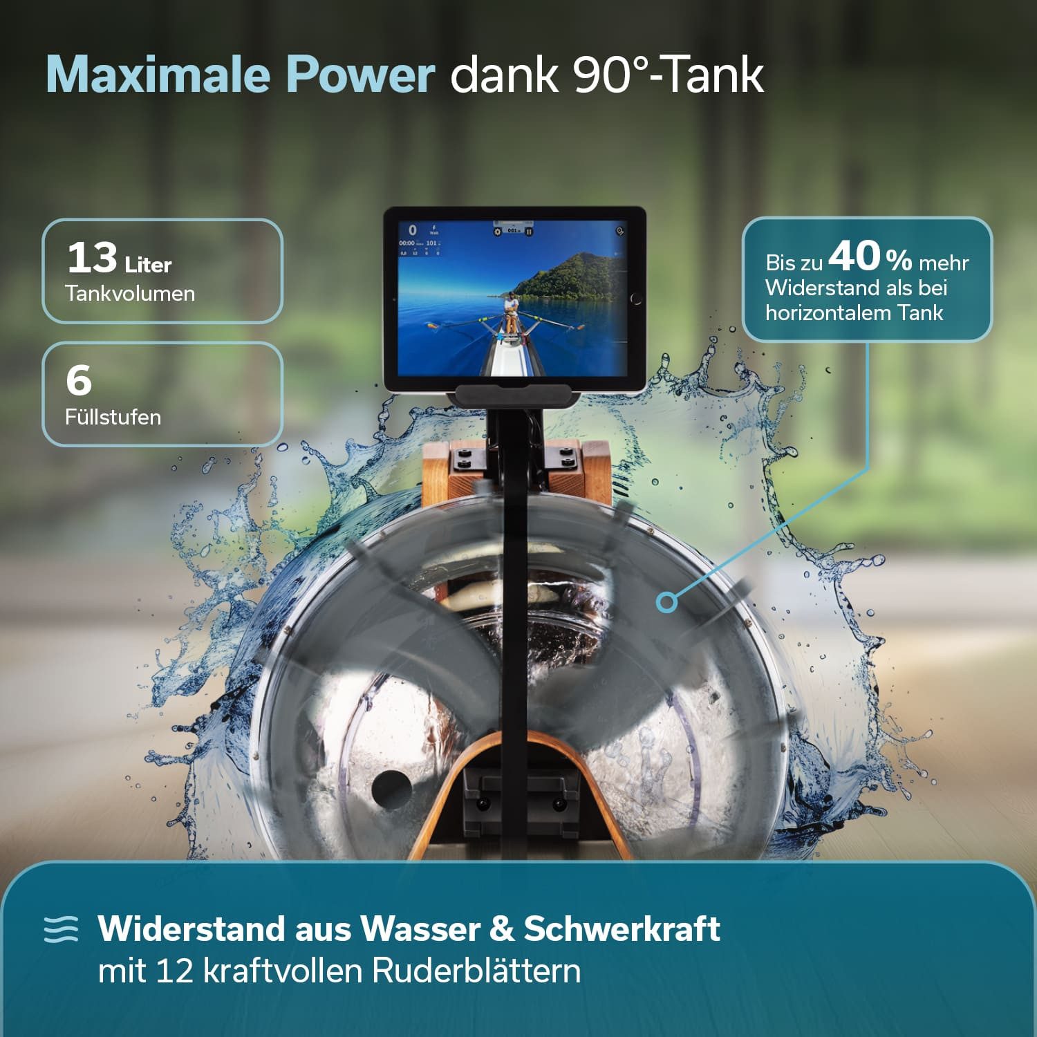 Skandika Rudergerät Lykke Wasserrudergerät für Zuhause, aus Holz, bis 150 kg, 90° Tank, Kinomap kompatibel, massives Buchenholz, Bluetooth, Tablethalterung