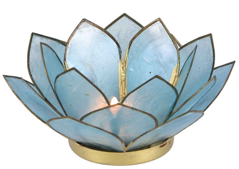 Guru-Shop Windlicht Lotus Teelicht Muschel 14*6 cm - himmelblau