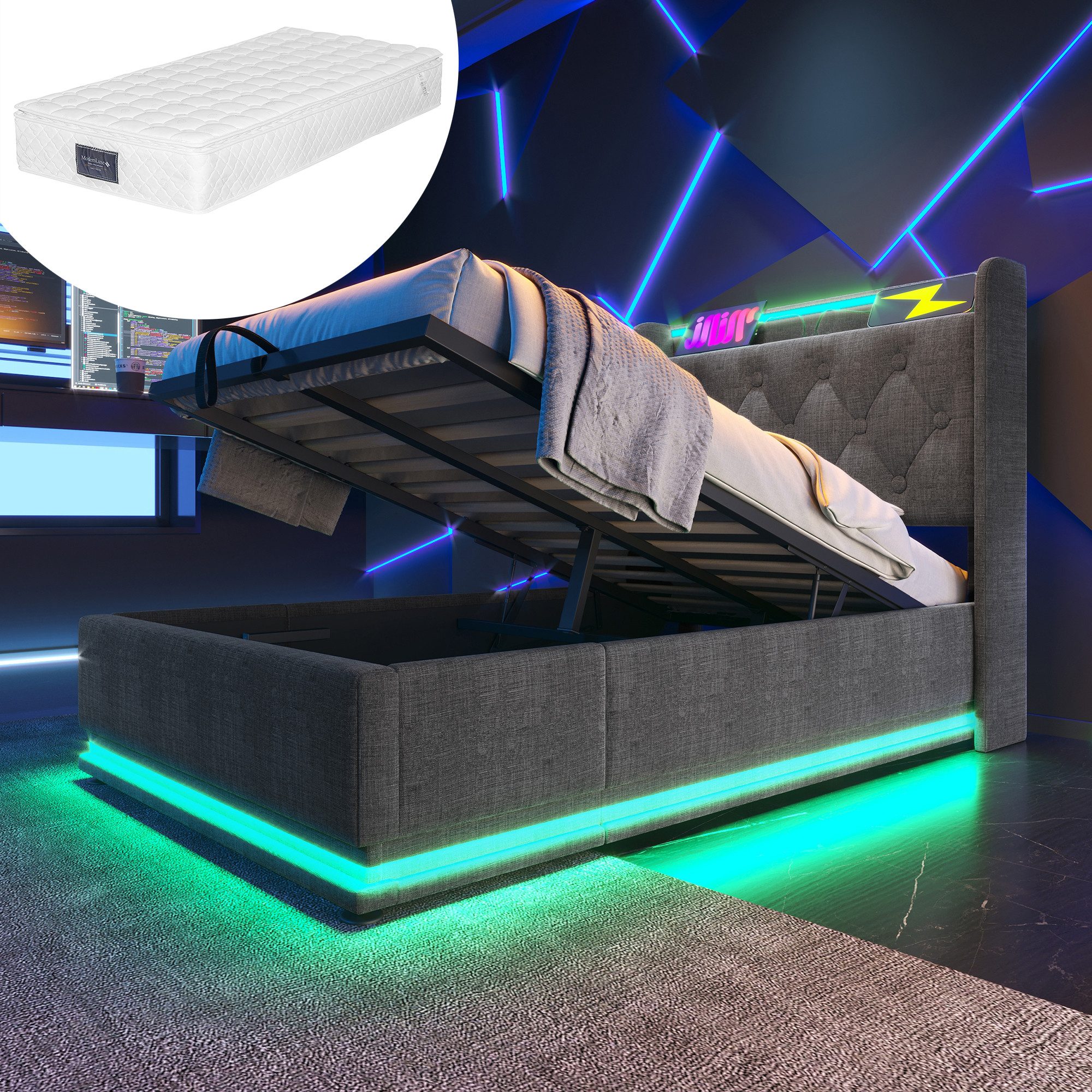 REDOM Polsterbett LED hydraulisches Bett (Stauraumbett, günstig online kaufen