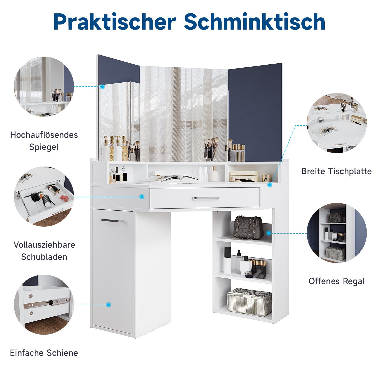 SONNI Schminktisch Weißer Eck-Schminktisch, Spanplatte + MDF, Verstellbarer Spiegel