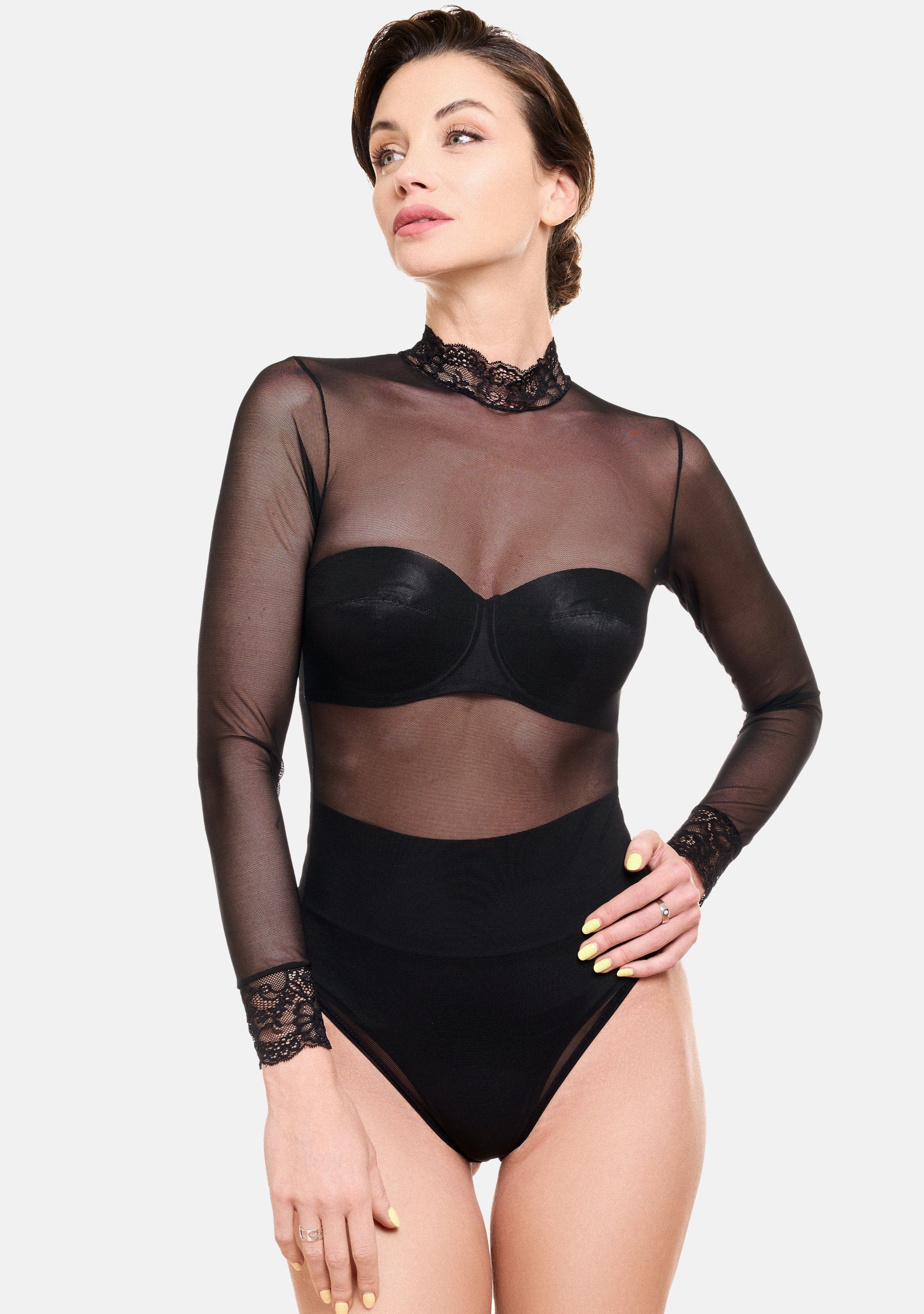 Evoni Body Damen Langarmbody Stringbody Spitzenkragen Tüll