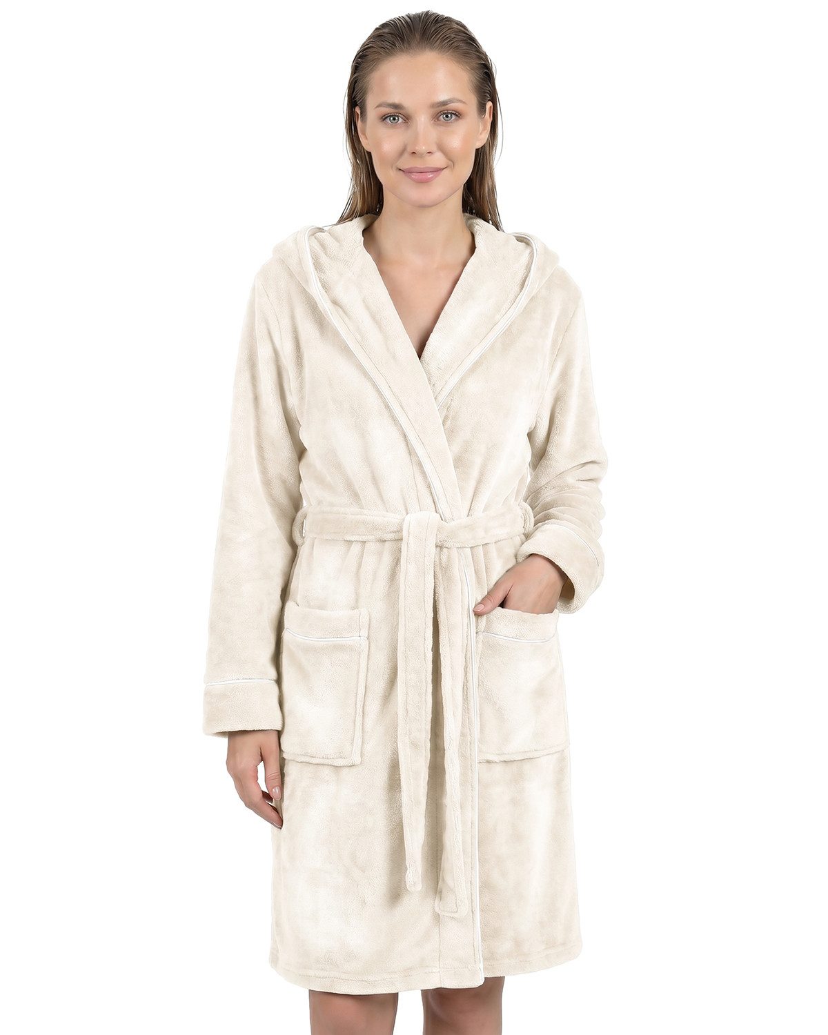 Gräfenstayn Damenbademantel Bademantel Damen flauschig Kapuze Kuschelfleece leicht kurz, warm & kuschelig, Knielang, Fronttaschen, Gürtel, S-XXL