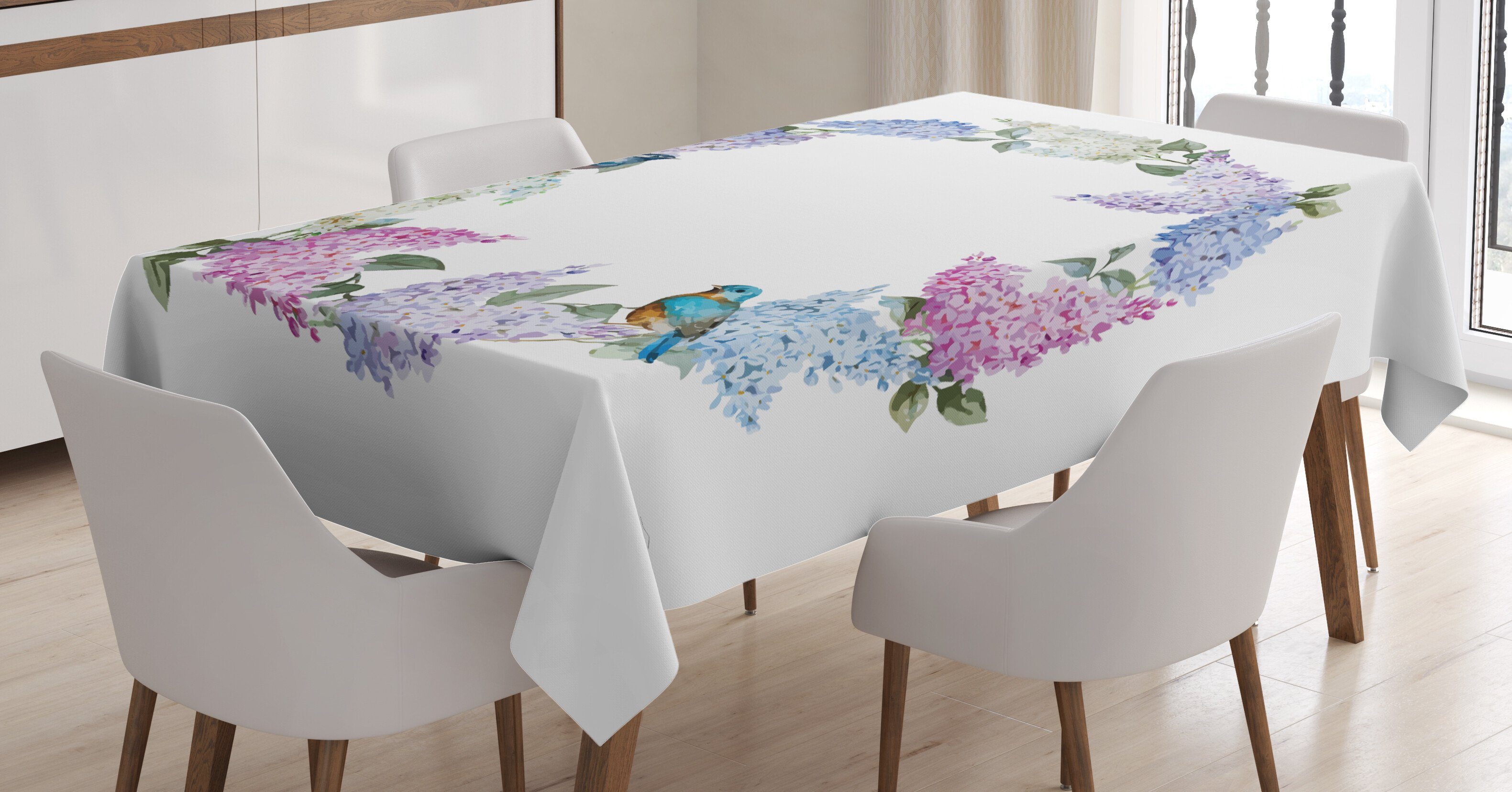 Abakuhaus Tischdecke Farbfest Waschbar Für den Außen Bereich geeignet Klare Farben, Lila Blumenkranz und Vogel