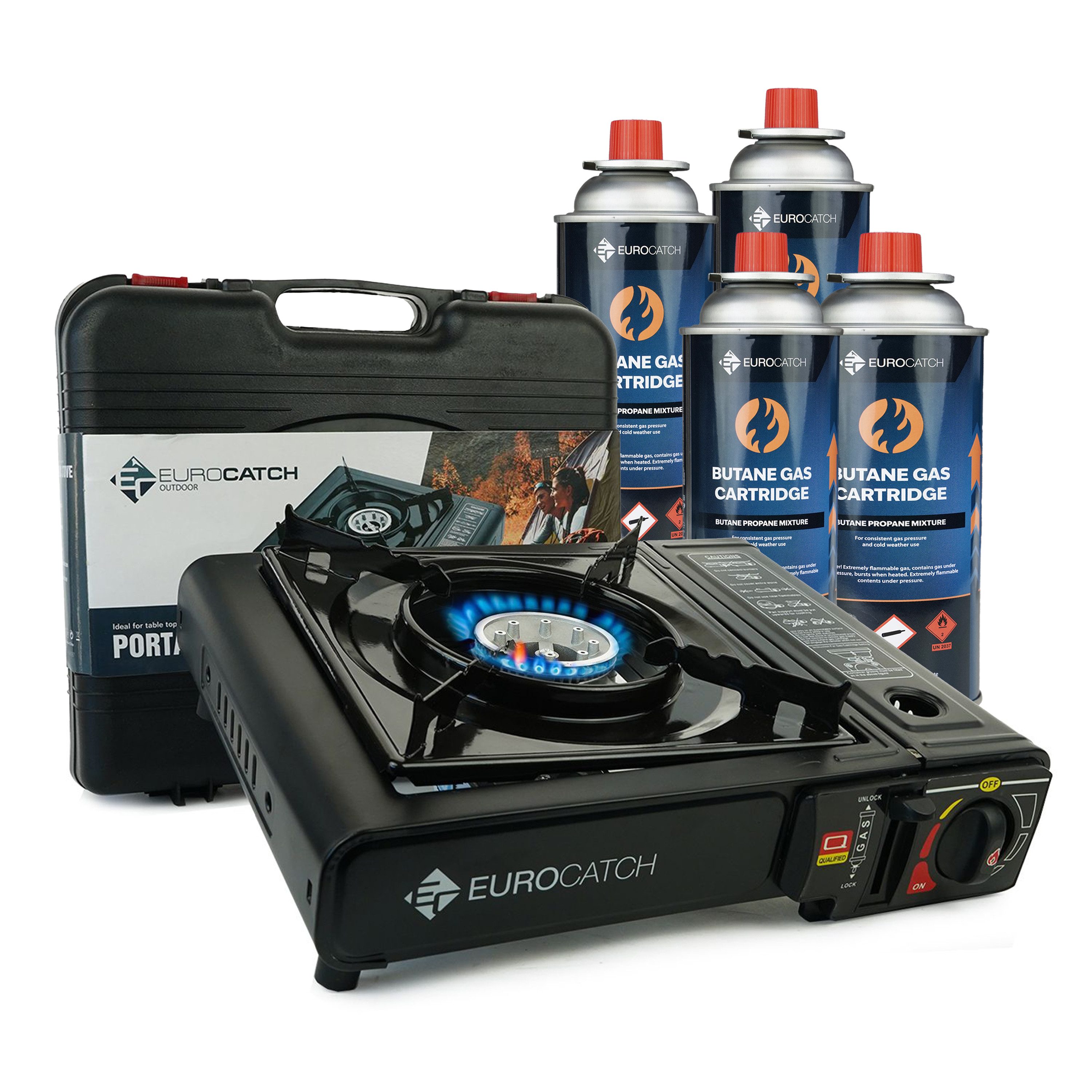 Eurocatch Fishing Gaskocher Eurocatch Camping-Gaskocher, (Set, 4-St., Gaskocher mit 4 Gaskartuschen und Transportkoffer), kompakt, integriertes Kartuschenfach, ohne Batterien verwendbar
