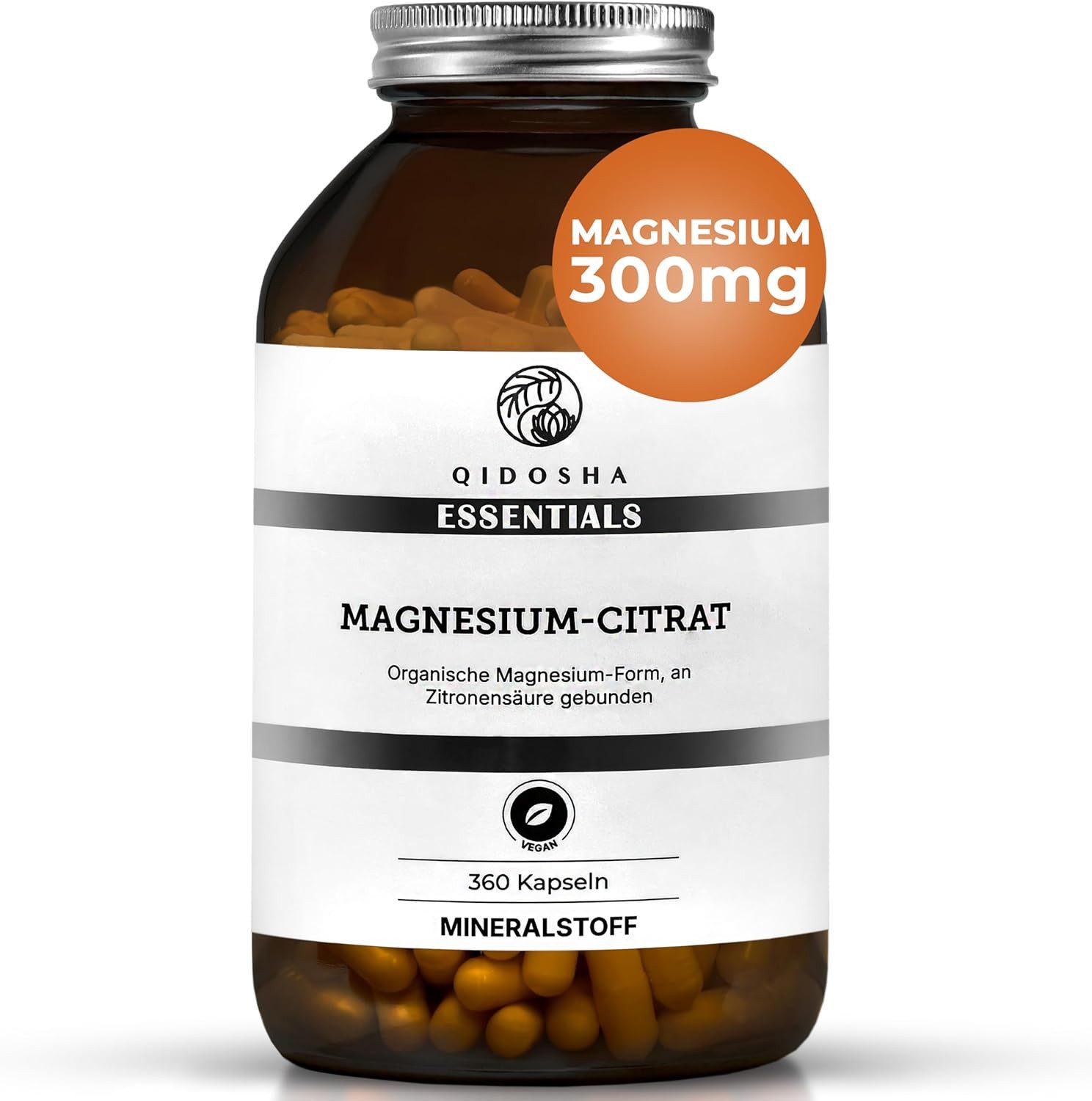 QIDOSHA Magnesium-Citrat Kapseln, im Apothekerglas als Tri-Magnesium-Dicitrat, 360 Stk, 300 mg elementares Mg je Tagesportion à 360 St., 291 g