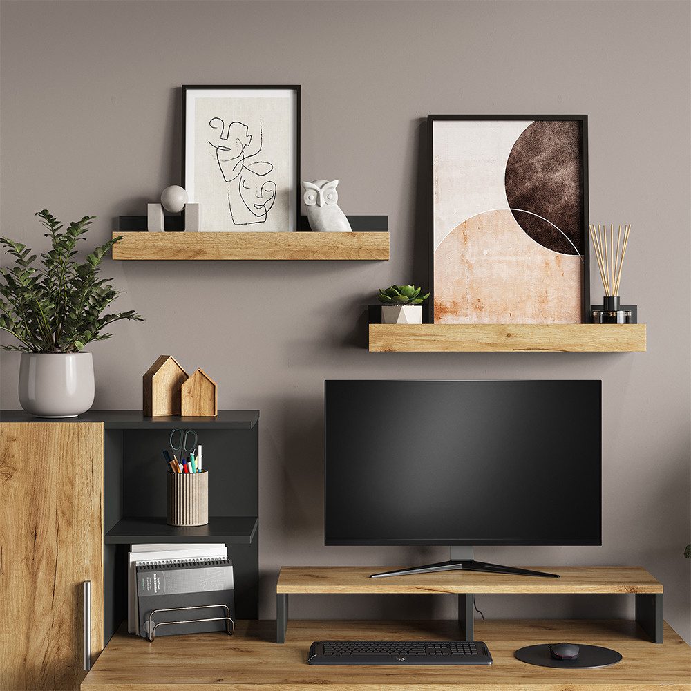 Vicco Bücherregal Tomy, Anthrazit/Goldkraft Eiche, 60 x 10 cm 2er Set, 2-tlg.