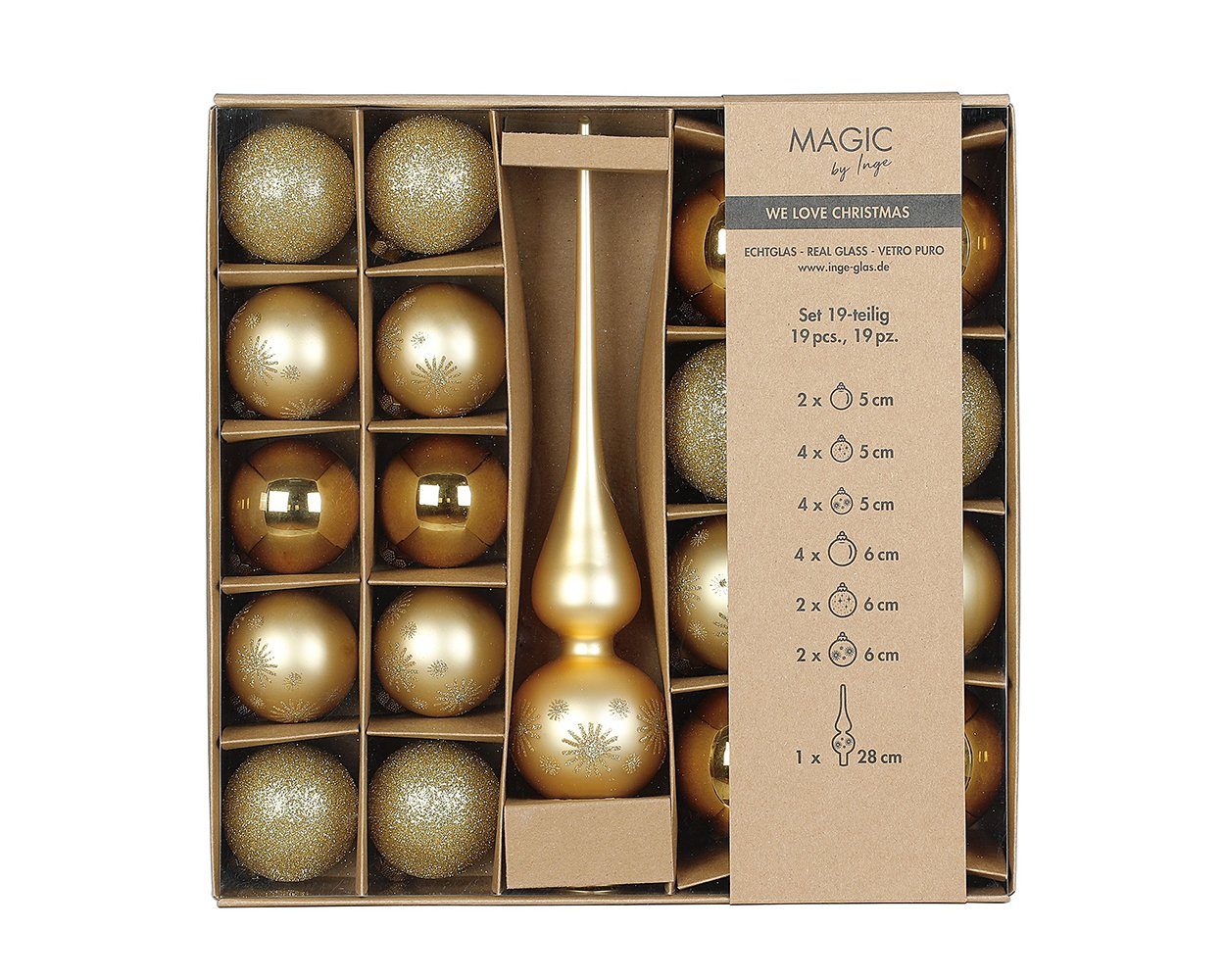 MAGIC by Inge Weihnachtsbaumkugel, Weihnachtskugeln Glas 5-6cm mit Spitze 19er Set - Inkagold