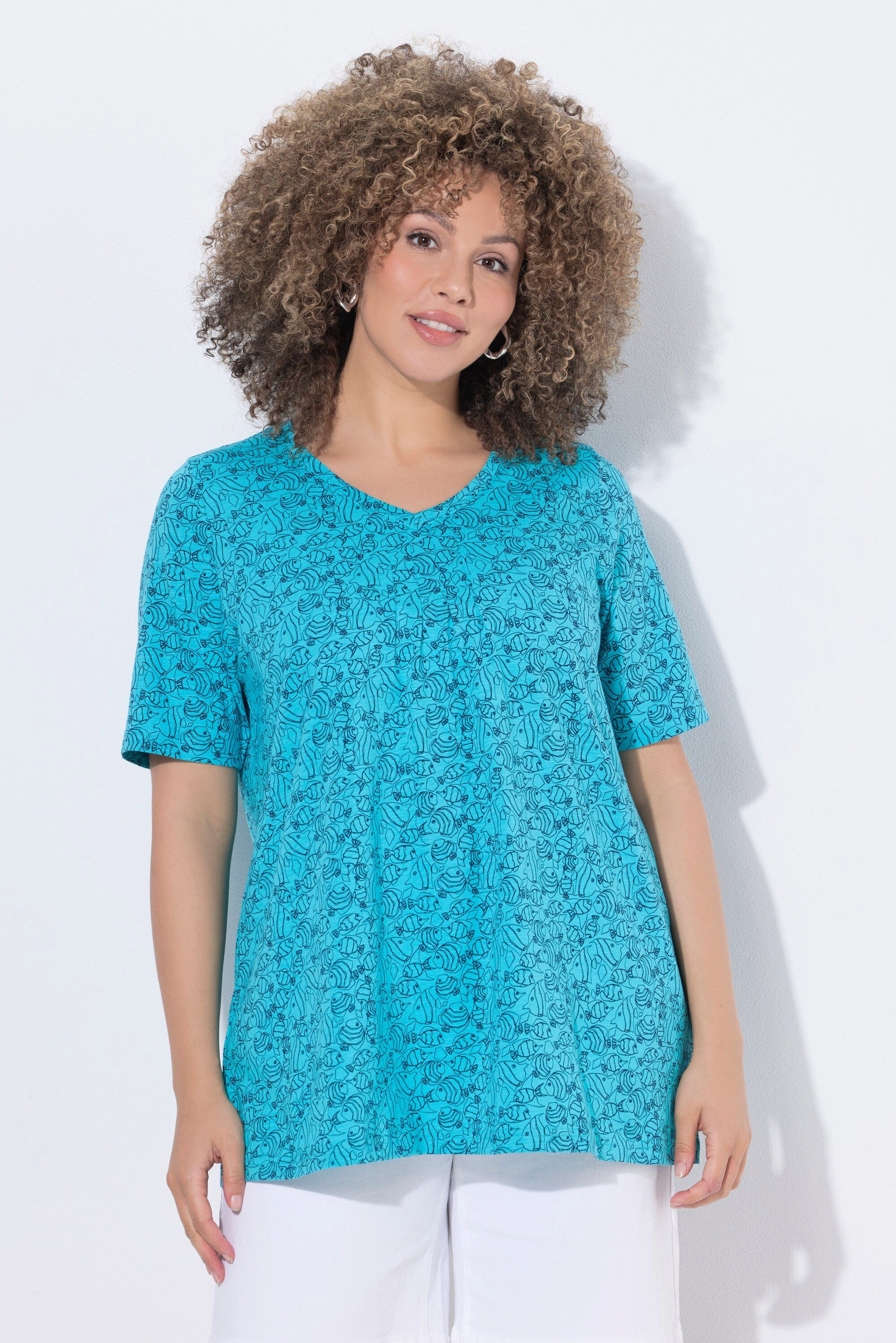 Ulla Popken T-Shirt T-Shirt Fische Zierfalten V-Ausschnitt Halbarm