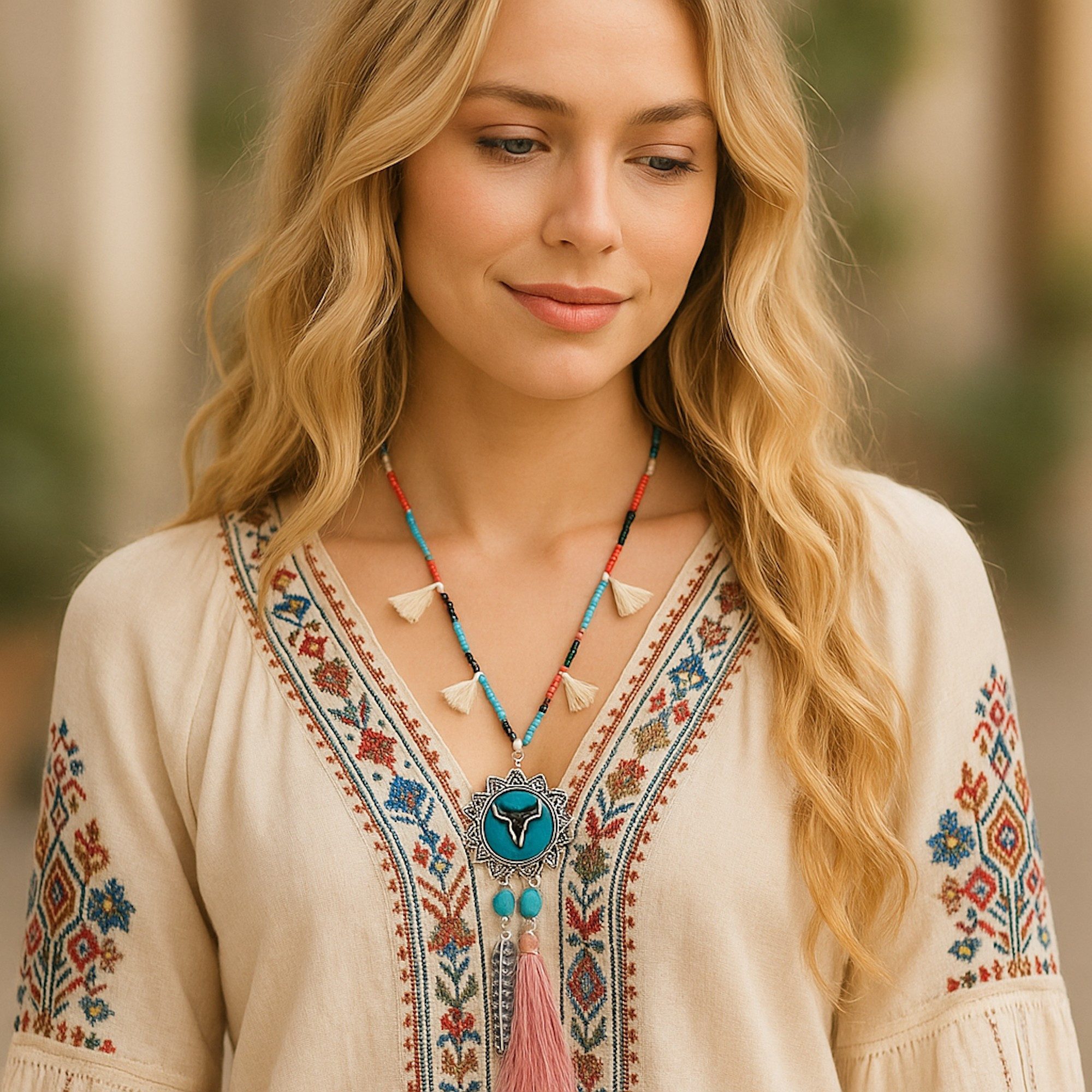 Ella Jonte Lange Kette, Büffel-Kette im Boho-Style – Statement mit Federn & Quasten