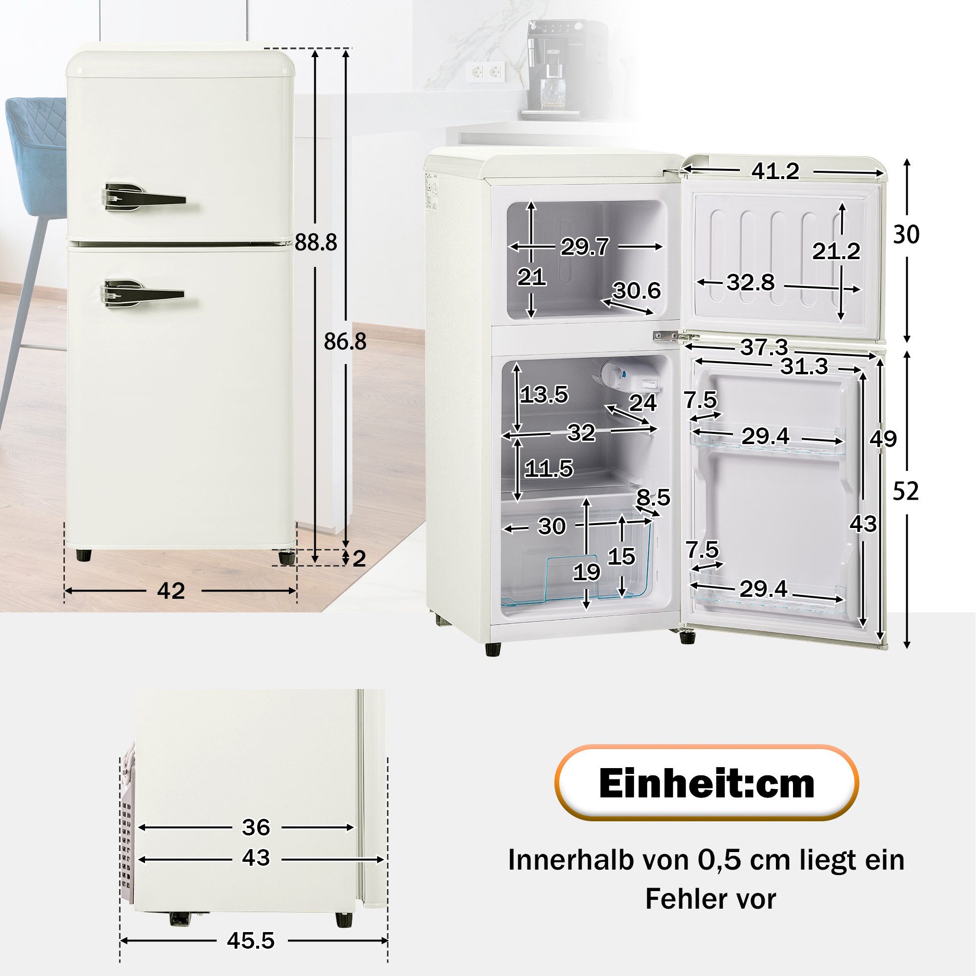 Blossom Kühl-/Gefrierkombination BCD-86, 88.8 cm hoch, 42 cm breit, Retro Kühlschrank mit LED-Beleuchtung, 22 L Gefrierfach, 88,8 cm Höhe
