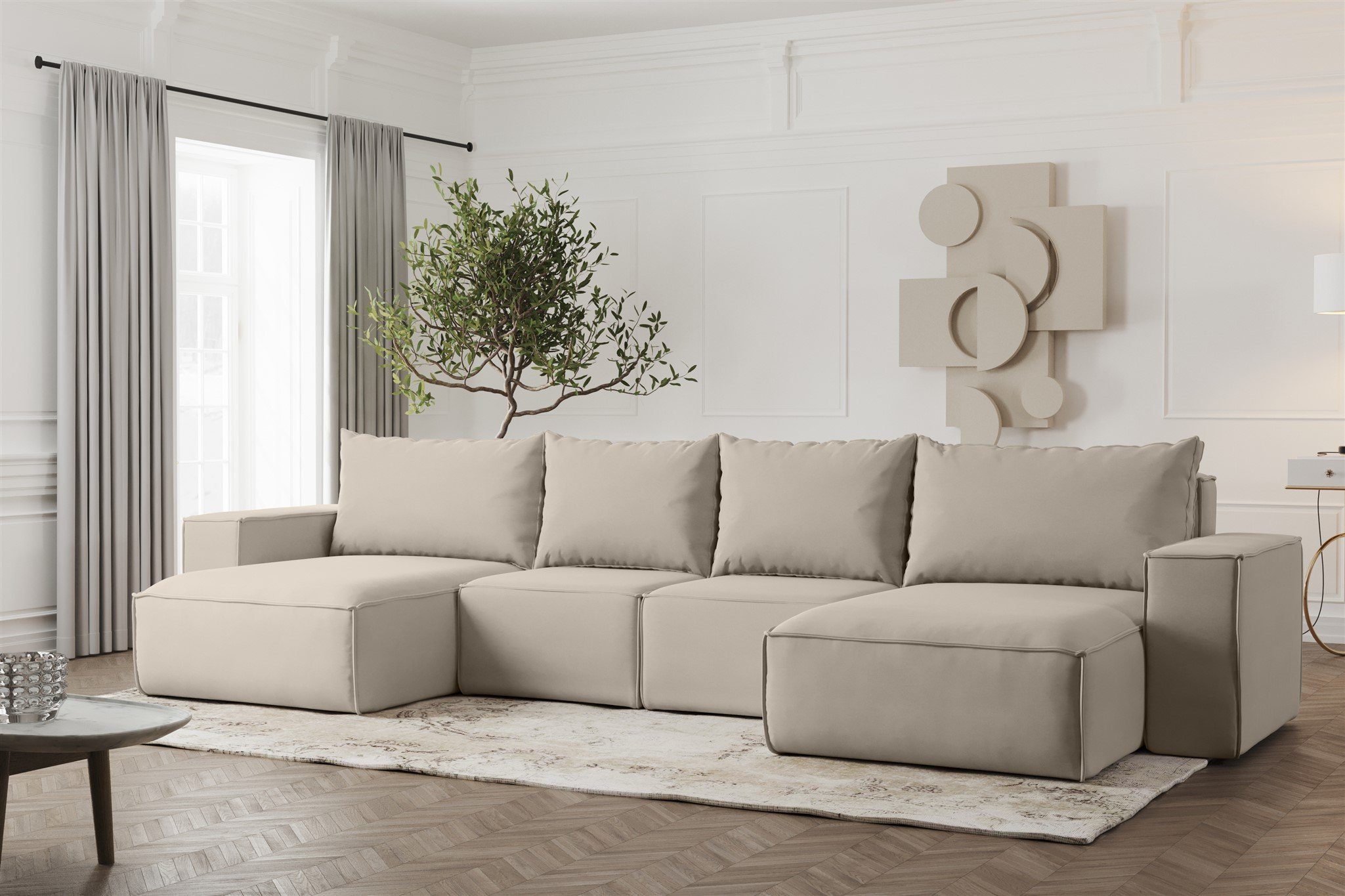 Fun Möbel Wohnlandschaft Sofa U-Form ESTELLE mit Schlaffunktion in Stoff, inkl. Bettkasten, Rücken echt bezogen