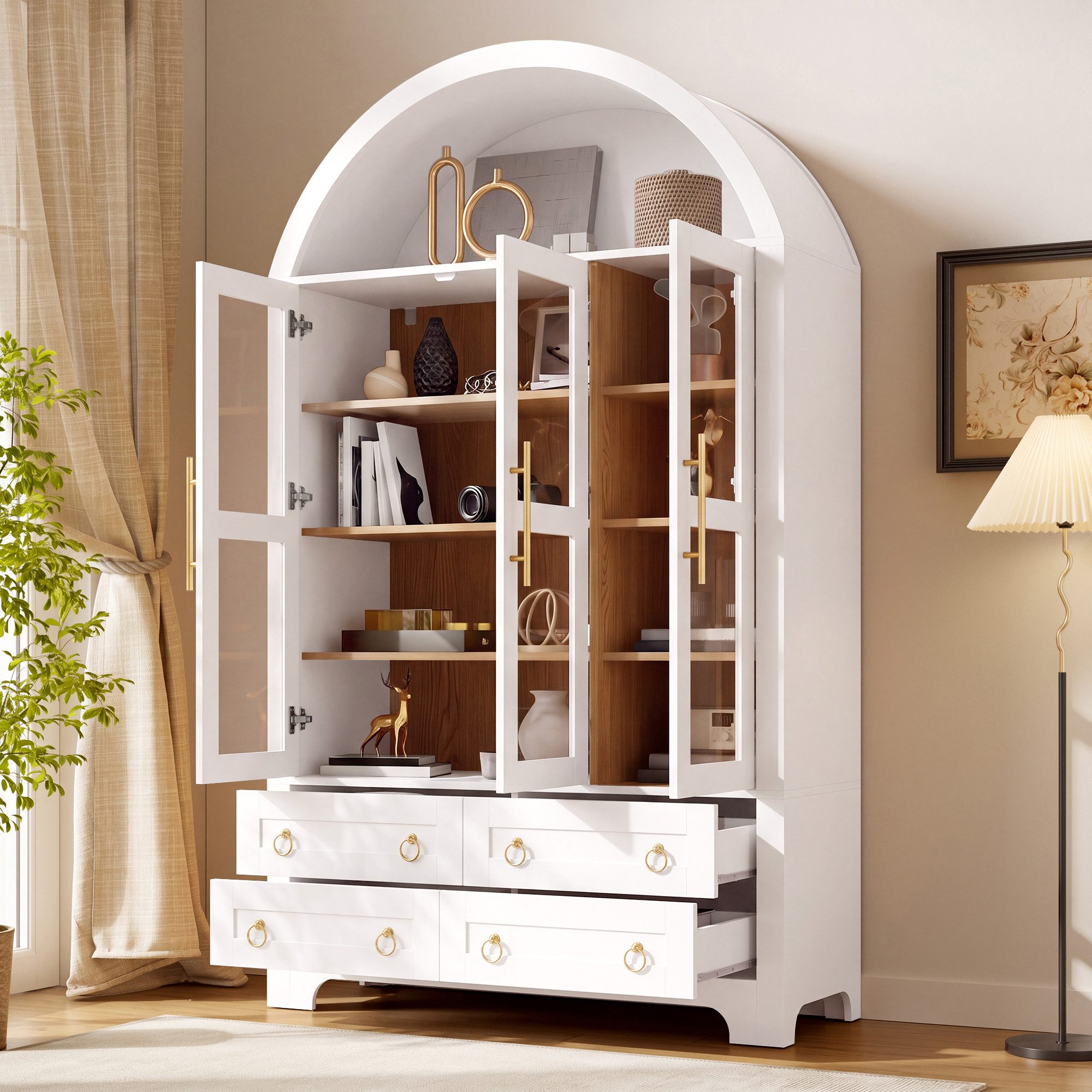 Merax Hochschrank Bogen-Mehrzweckschrank Glasvitrine mit Aluminiumgriffen (Anrichte Sideboard Aufbewahrungsschrank, 1-St., 110 L x 40 B x 185 H cm) Wohnzimmersc – Bild 4 von 5