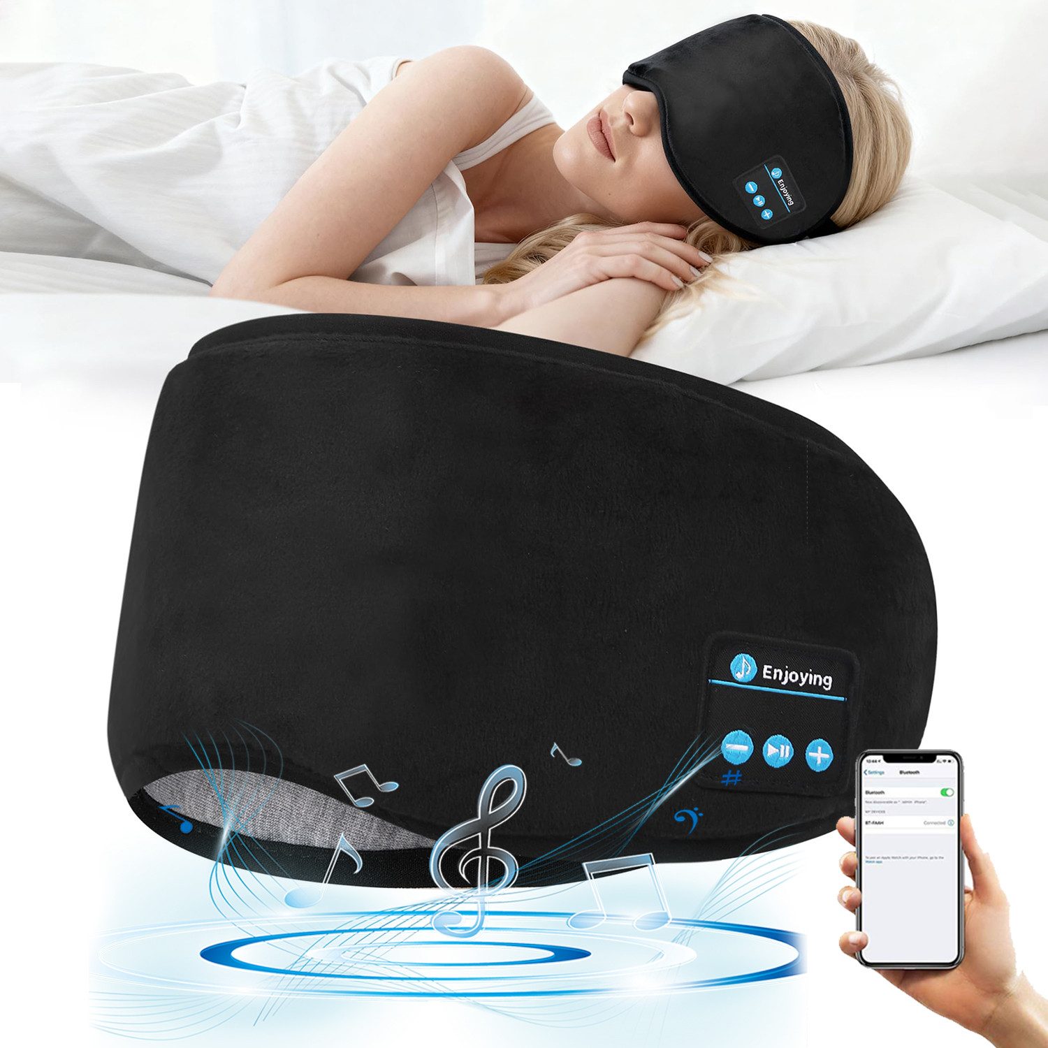 MOPUEA Schlafmaske Bluetooth Schlafmaske 2-in-1 Kopfhörer Ohrwärmer Schlafhilfe, 2-in-1 Schlafmaske und Ohrwärmer, Bluetooth Schlafmaske, Ohrwärmer, Musik, verstellbar, USB aufladbar, Bluetooth 5.0, Ohrwärmer, Vollständige Lichtblockierung von MOPUEA