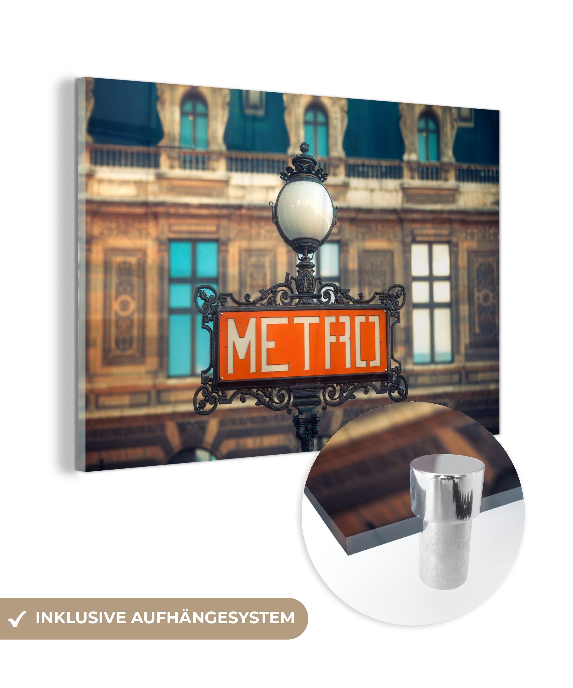 MuchoWow Acrylglasbild Rotes Metroschild auf der Straße in Paris, (1 St), Acrylglasbilder Wohnzimmer & Schlafzimmer | Bilder