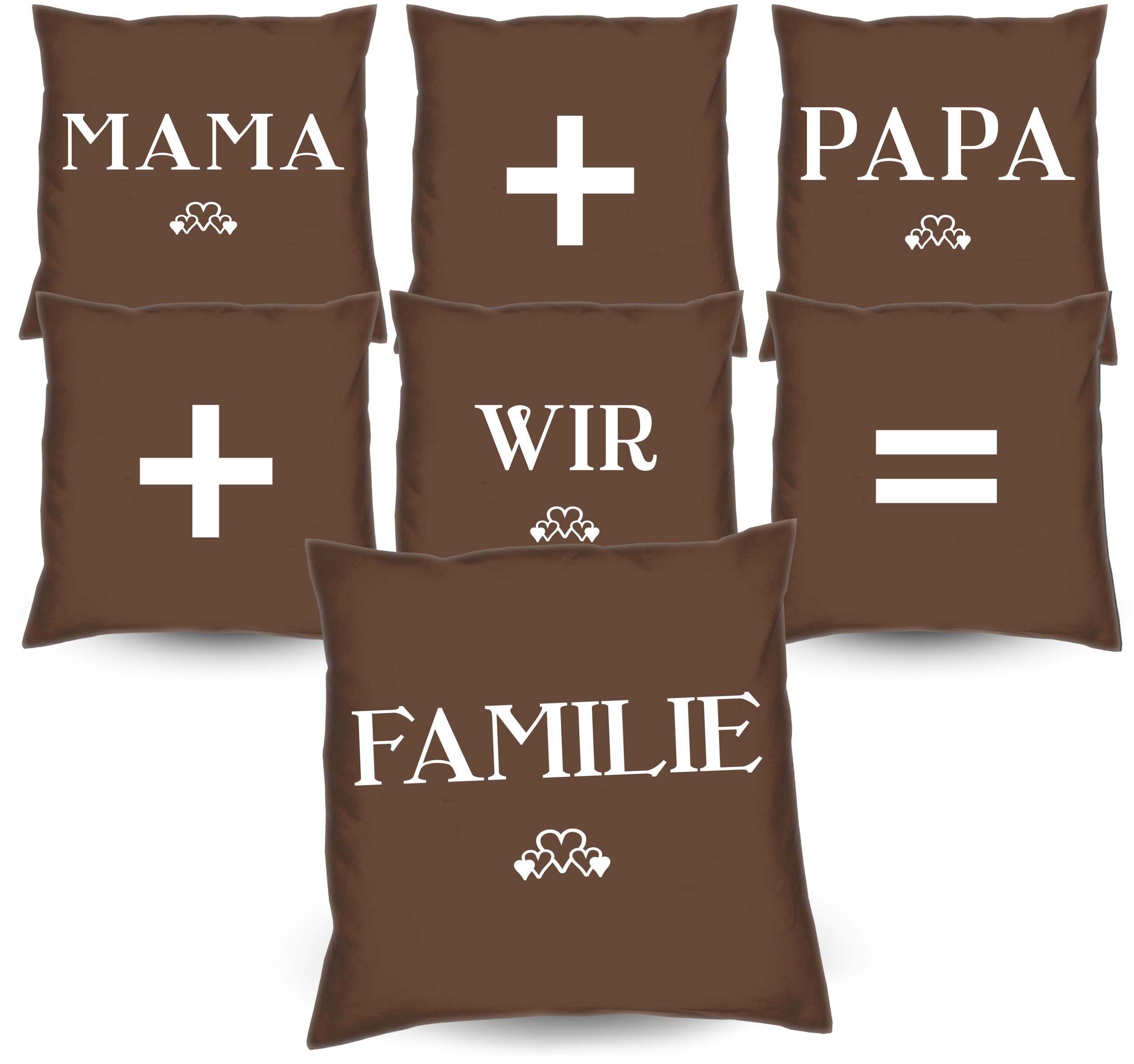Soreso® Dekokissen 7 Kissen Mama + Papa + wir = Familie Eltern Weihnachtsgeschenke, Kissen-Set