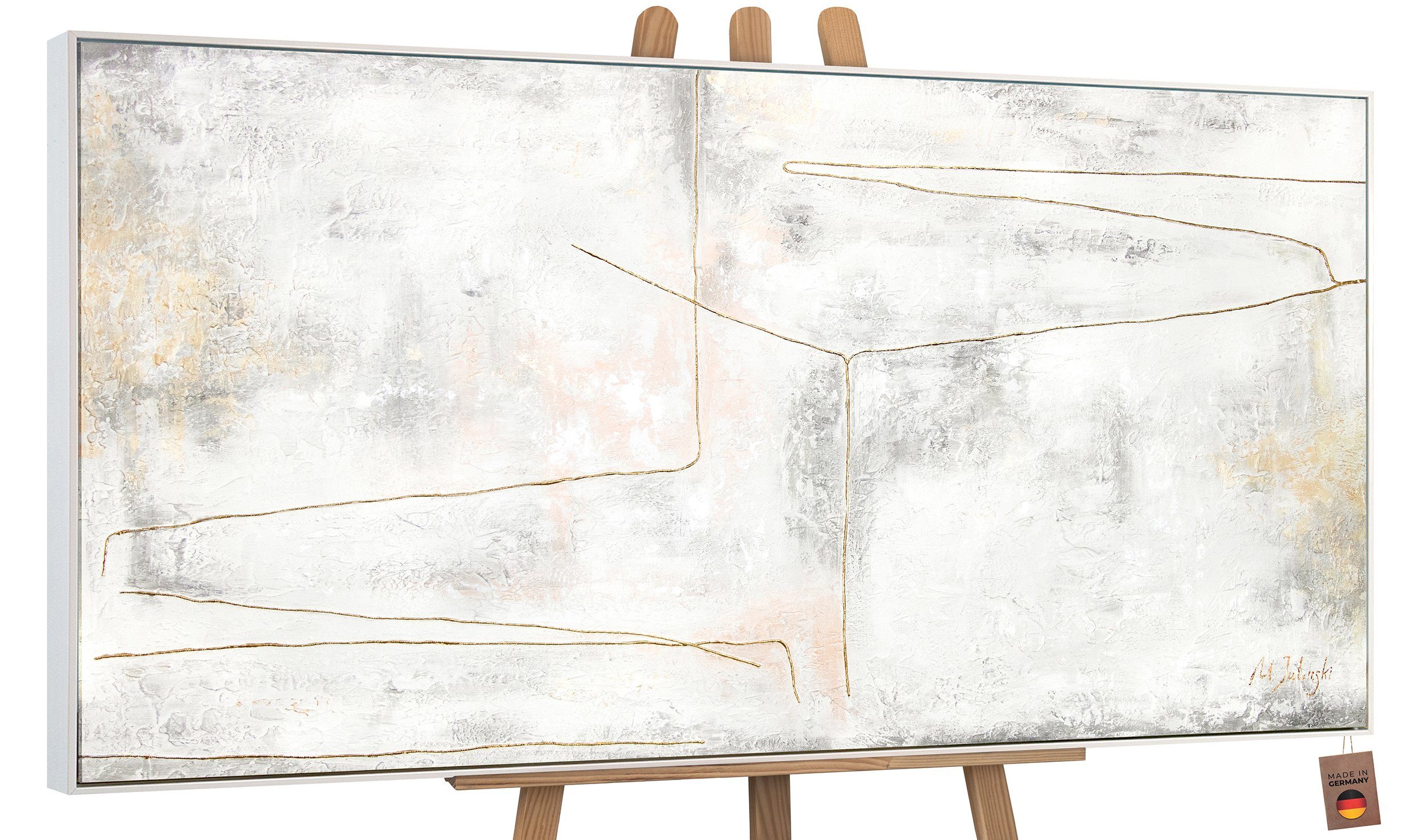 Rahmen Abstraktes in Leinwand Beige Bild Handgemalt Schleife, Gemälde Goldene Gold Mit Schnur Weiß Abstraktion, auf YS-Art