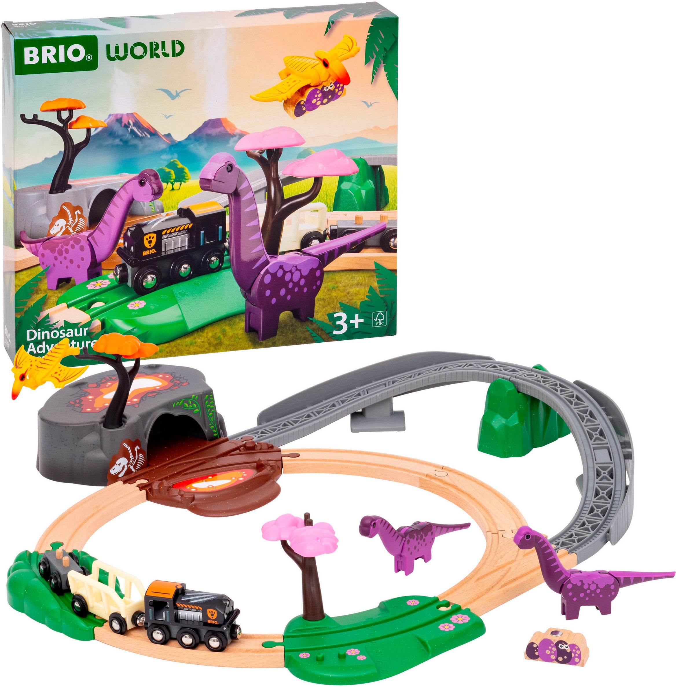 BRIO® Spielzeugeisenbahn-Erweiterung BRIO® WORLD, Dinosaurier Abenteuer-Set, (Set, 21-tlg), FSC® - schützt Wald
