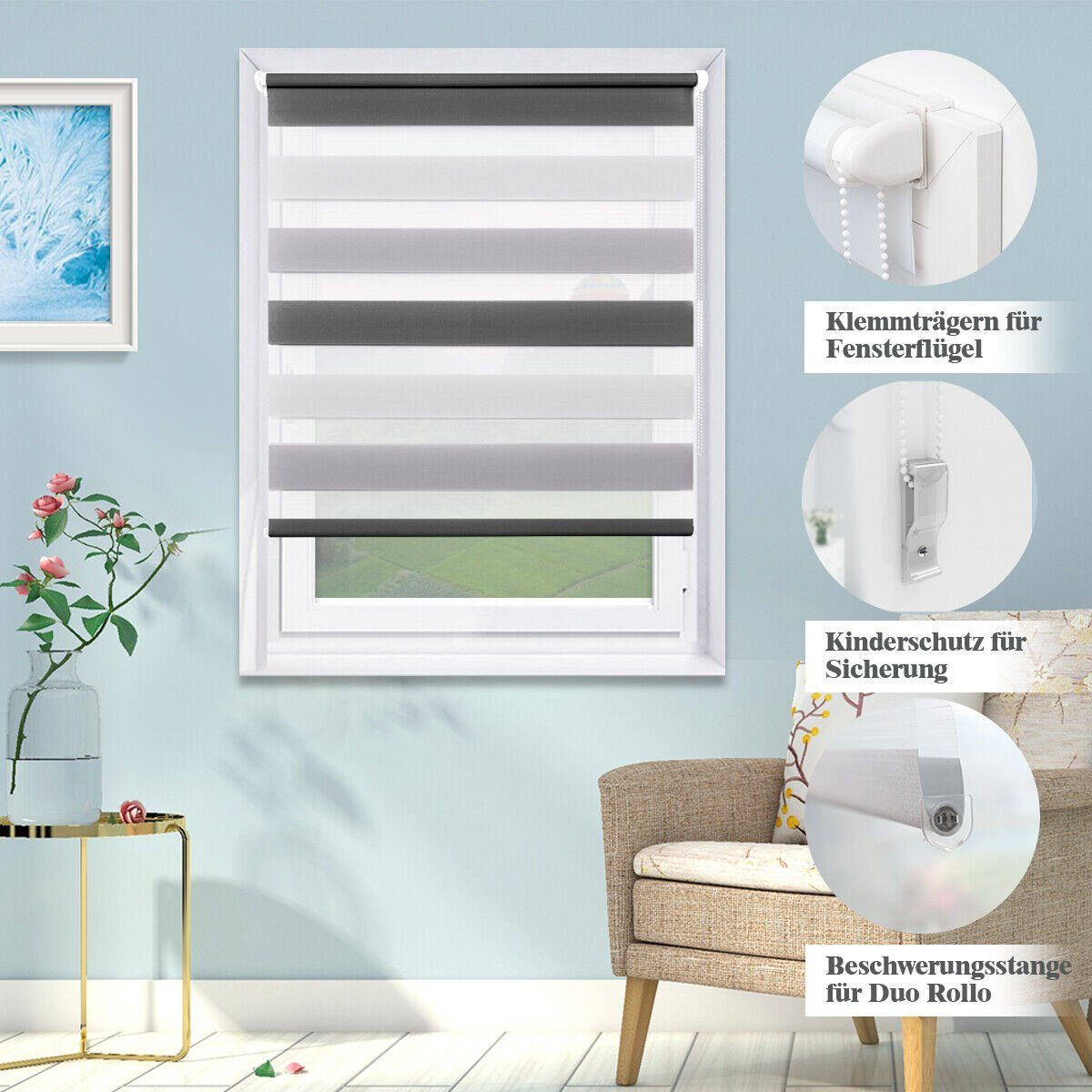 Doppelrollo ohne Bohren 130cm/150cm/230cm, OUBO, freihängend, Klemmfix, rollo für Fenster und Tür mit Klemmträger Lichtschutz und Sichtschutz – Bild 4 von 5